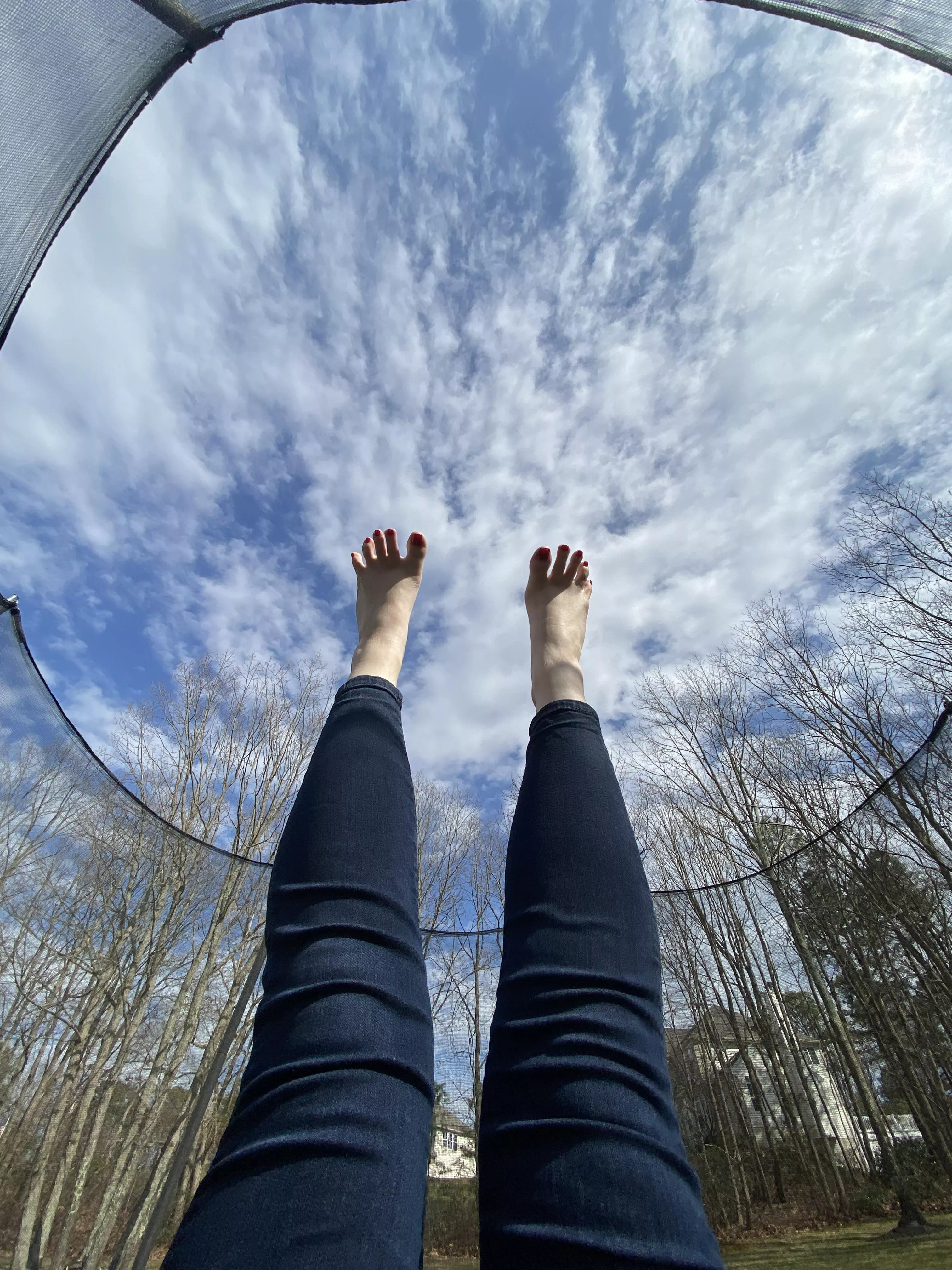 POV Iâ€™m on the trampoline with my feet in the air, whatâ€™re you doing?