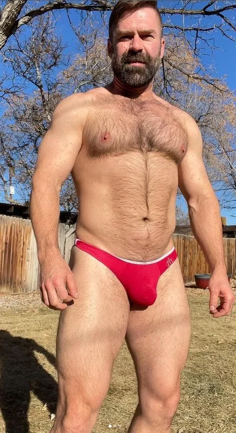 red briefs in the back yard