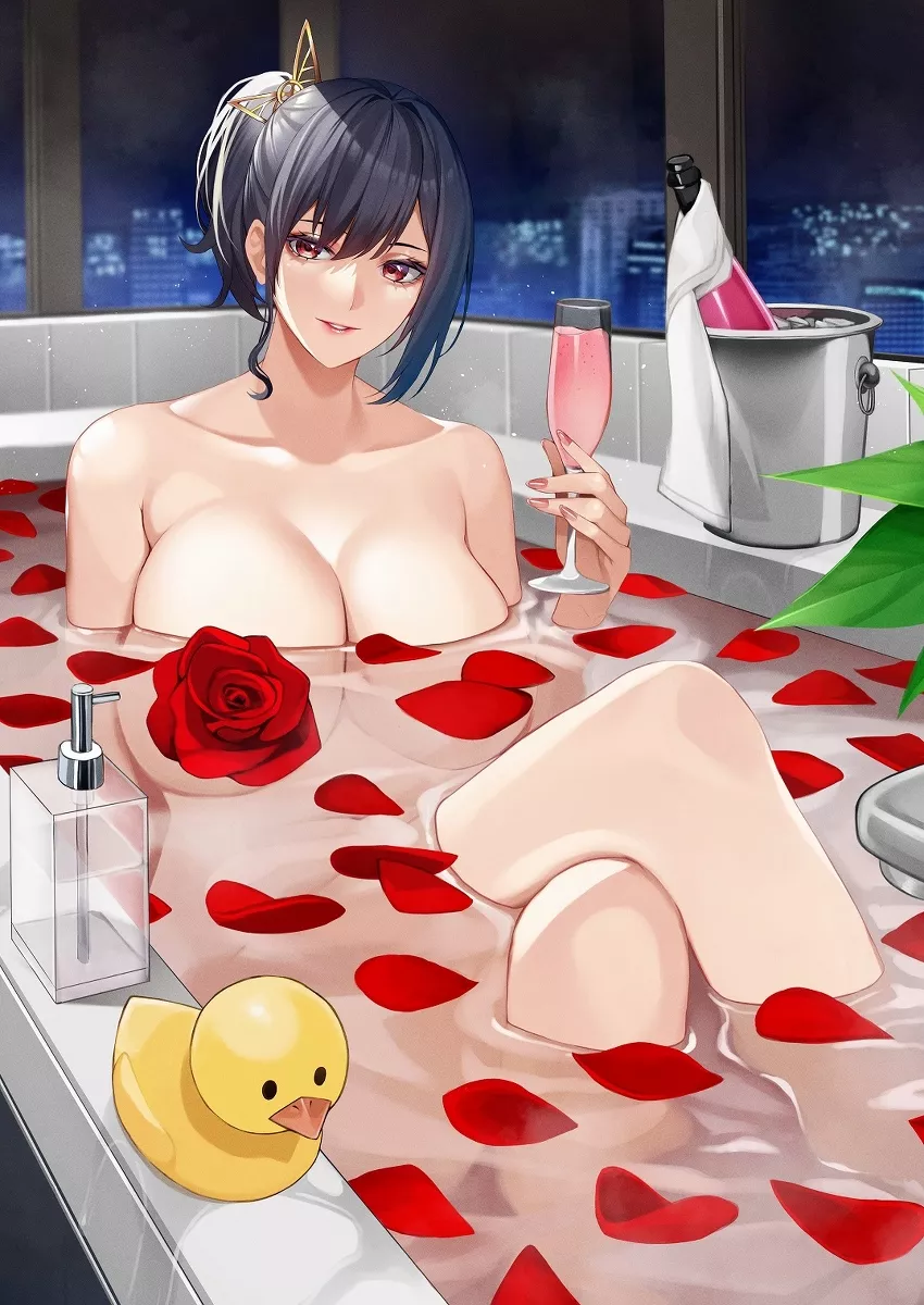 Relaxing in the bath with rose wine