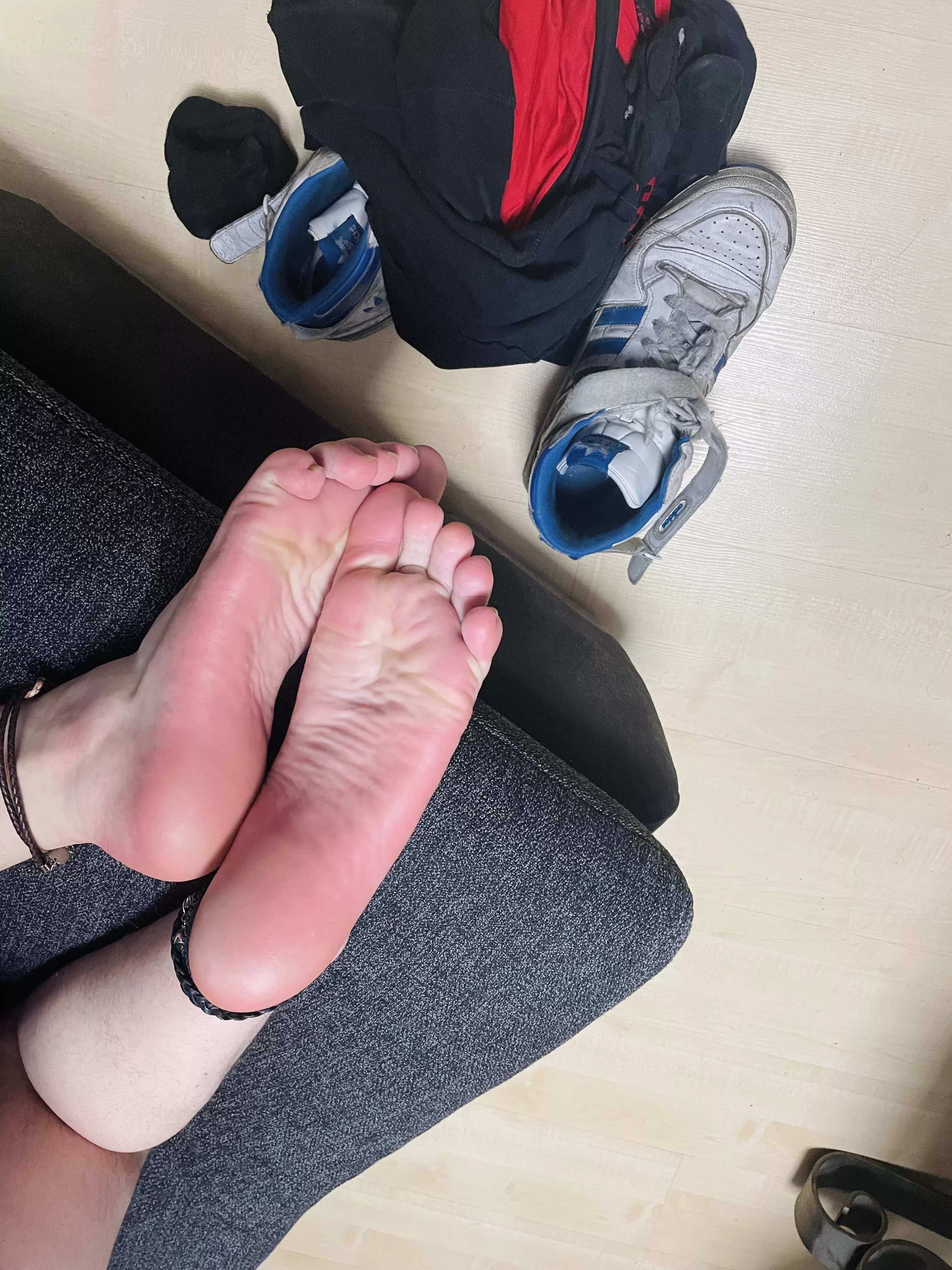 Removed my old worn shoes after a long day, my feet stinks a bit to much, would you still sniff and lick? ://3