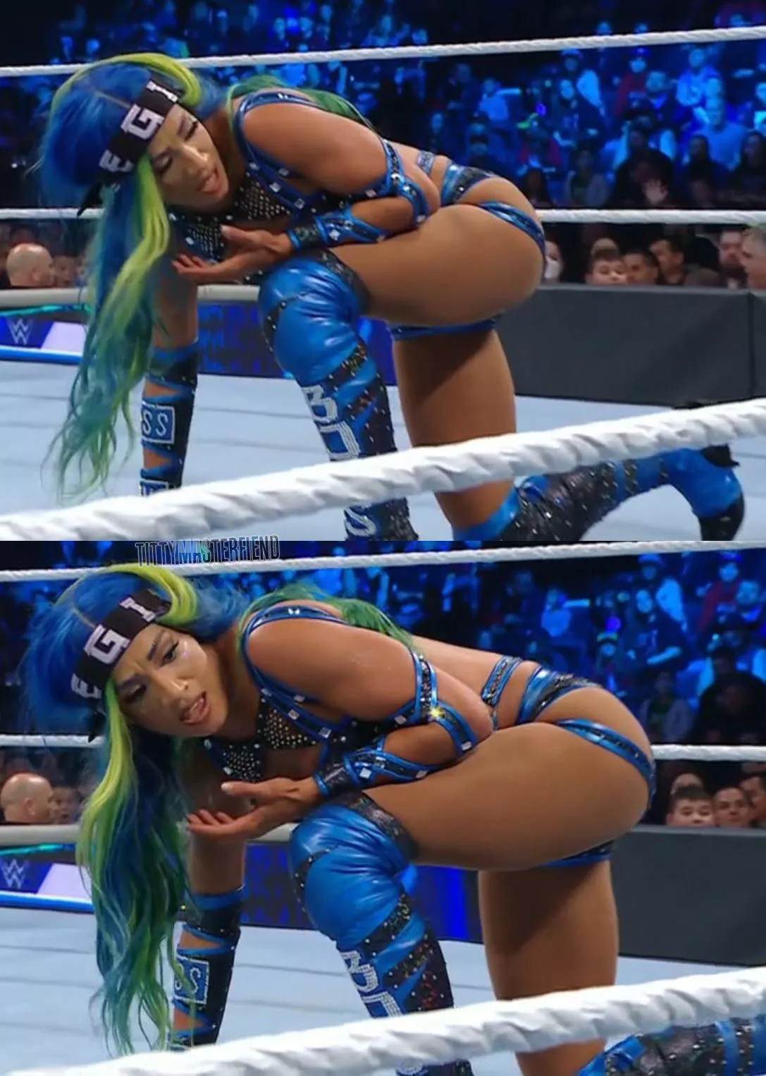 Sasha bent over