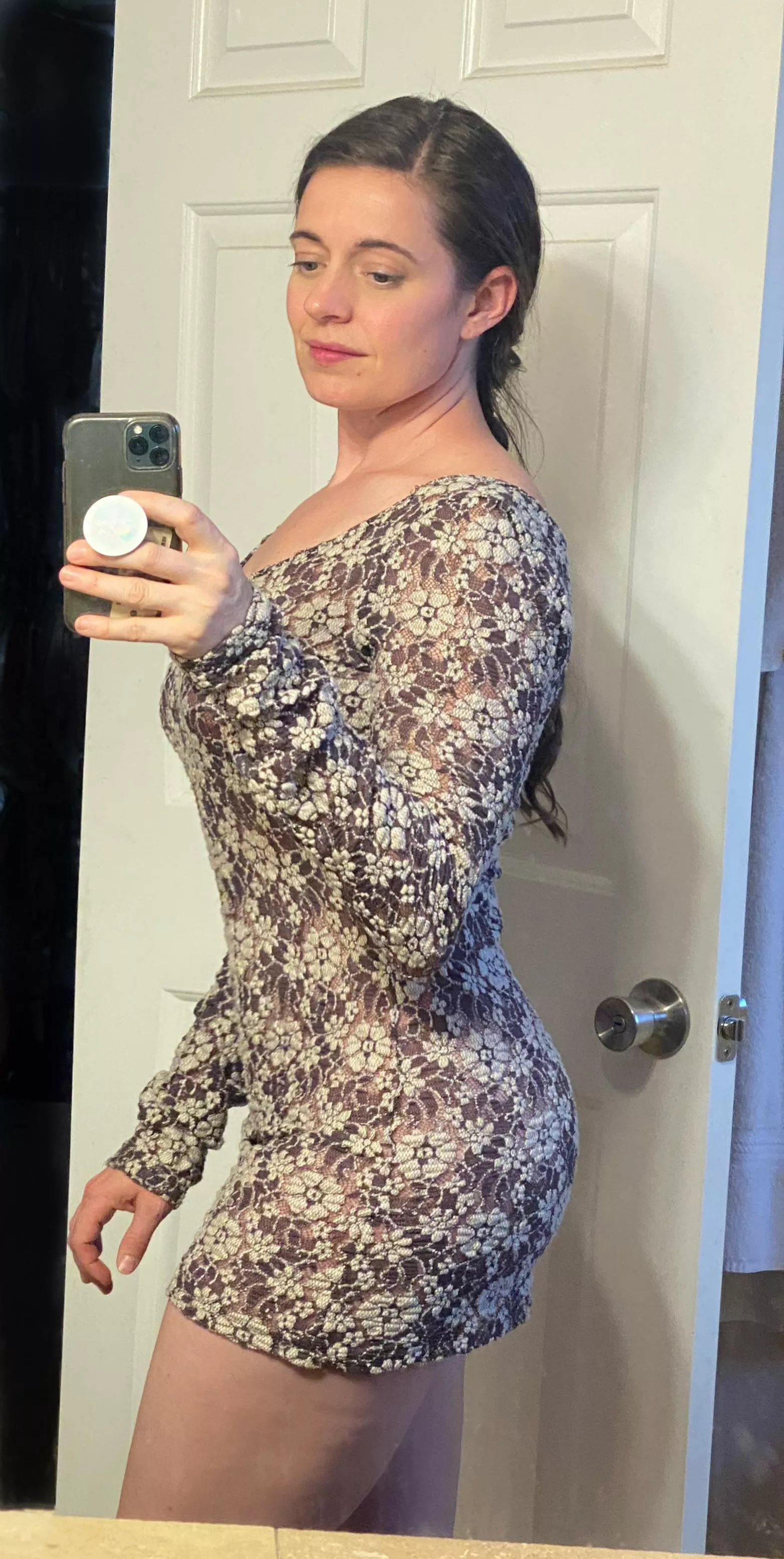 See thru, tight and short flower dress. What could go wrong?