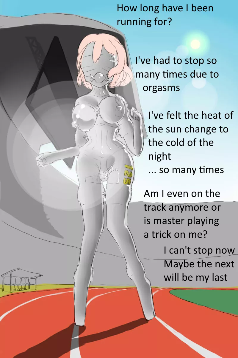 She will be released after running enough laps, but doesn't know how many [Predicament] [Latex] [Sensory deprivation]