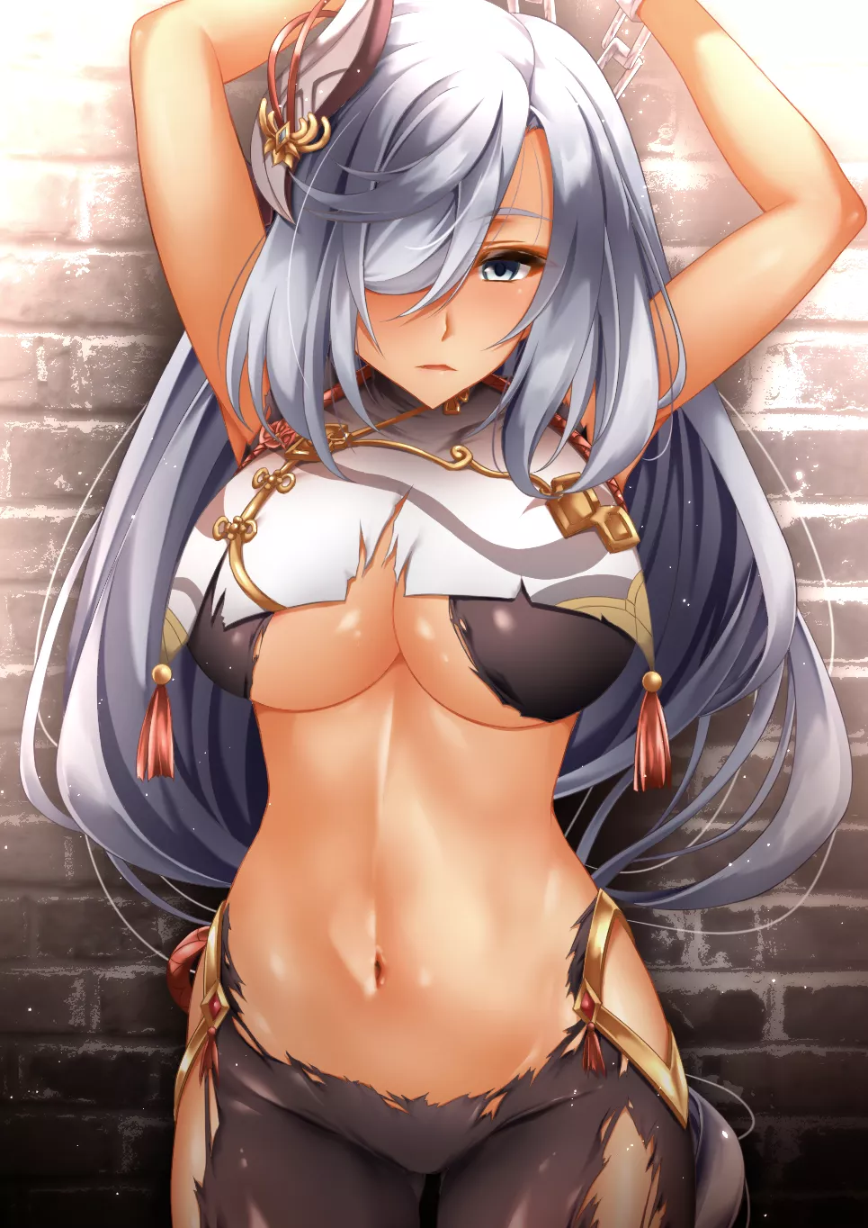 Shenhe captured and bound, ripped clothes, exposed underboob and midriff (ã¨ããŸã‚“) [Genshin Impact]