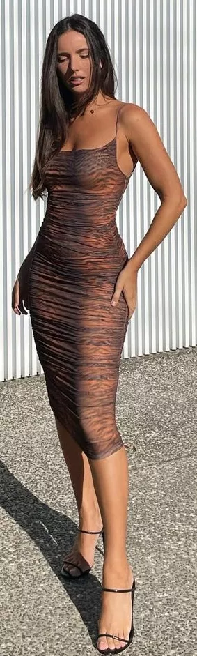 slender brown dress, thin strap heels