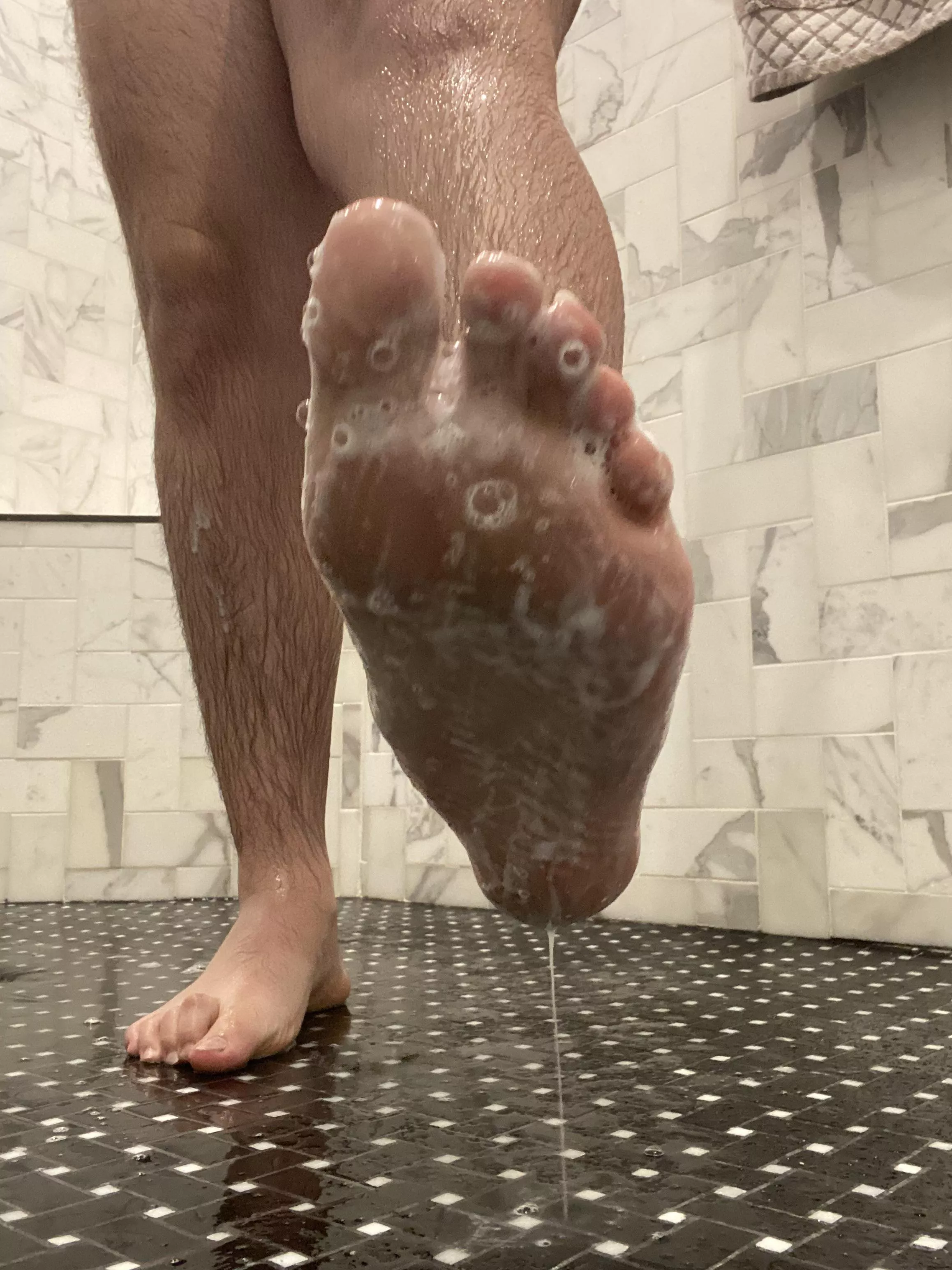 Soaped up. wanna come rub them for me?