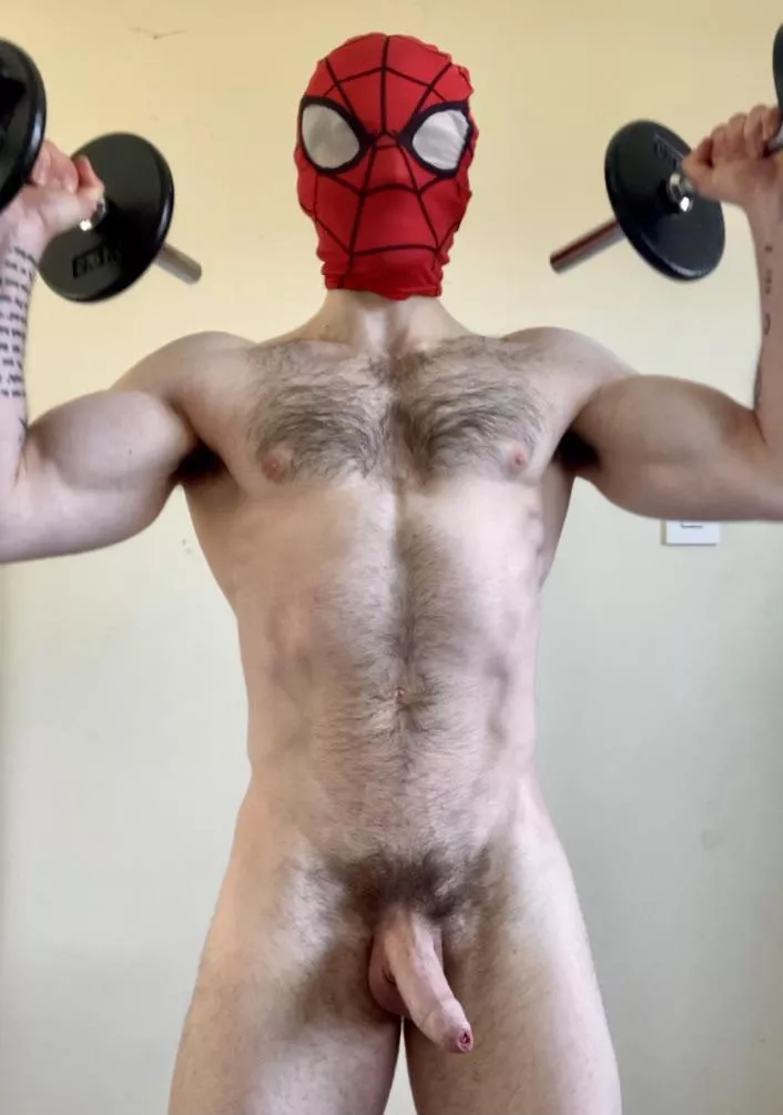 Spidey, stripped down, and starting to sweat