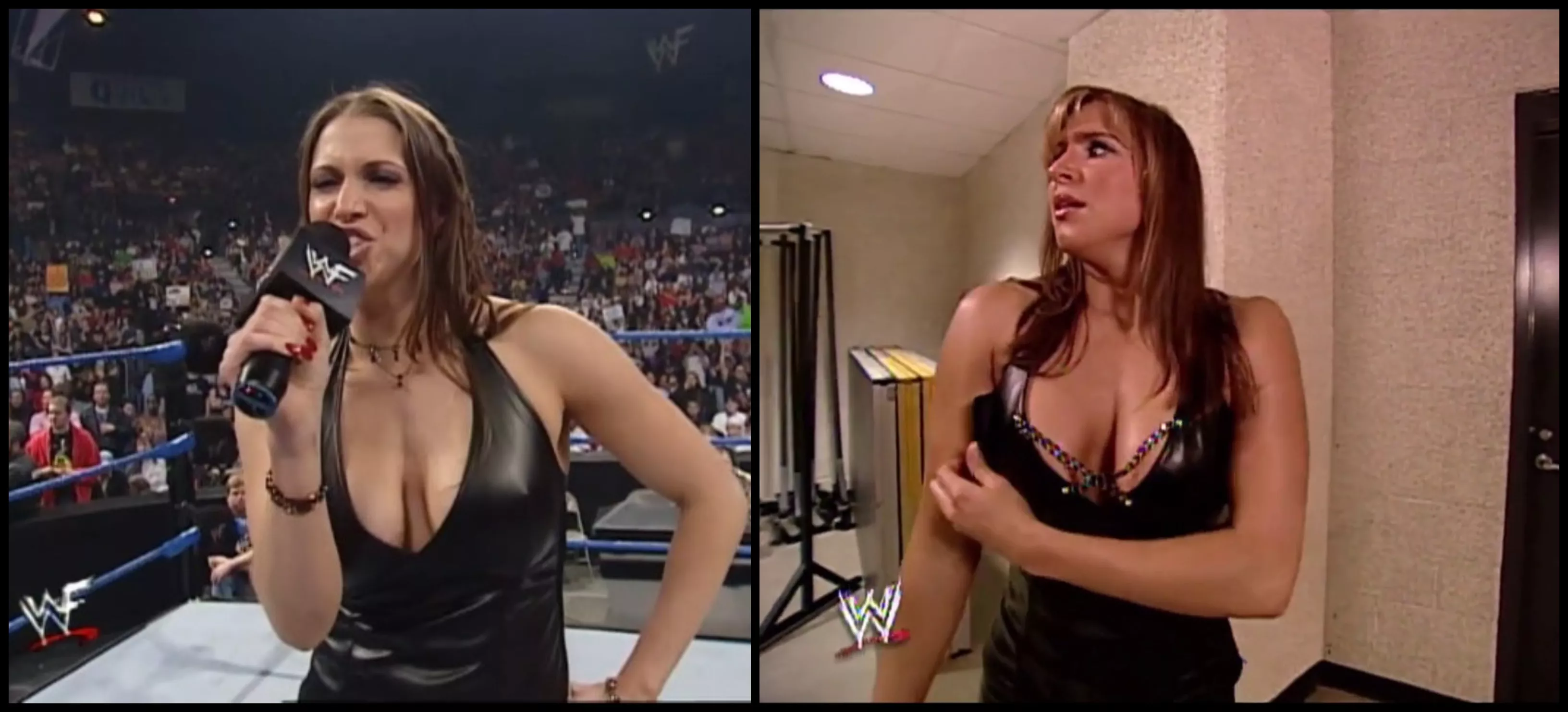 Stephanie McMahon in leather looking busty