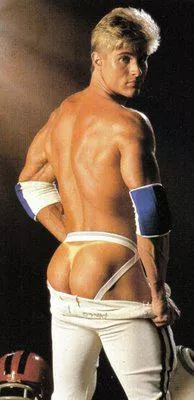 Steve Fox in a jockstrap with a thong tanline