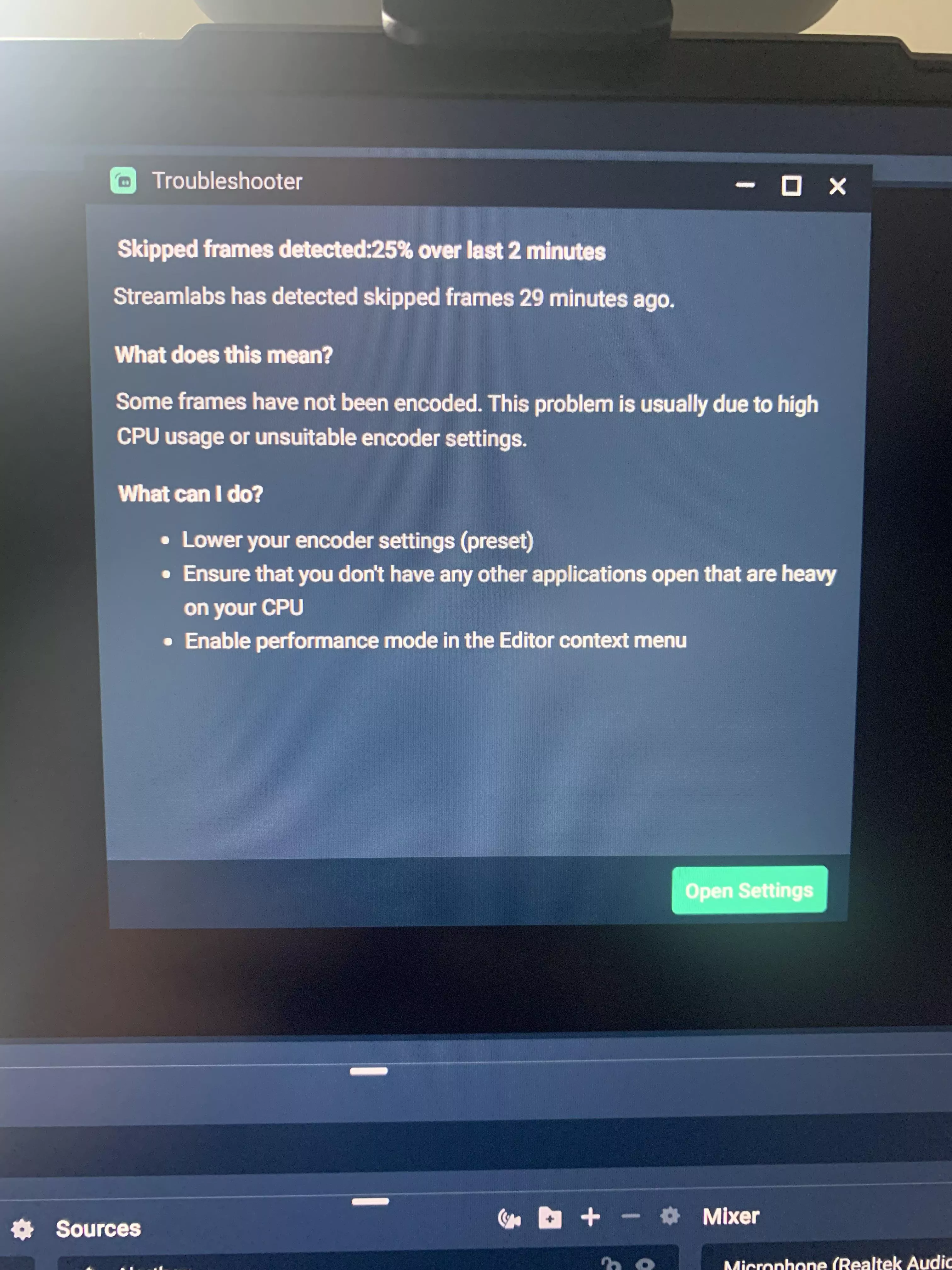 StreamLabs Performance Notifications: Skipped Frames Detected! Kinda disappointed because I spent an hour an a but recording. I’ve got a laptop but don’t know the proper metrics needed.