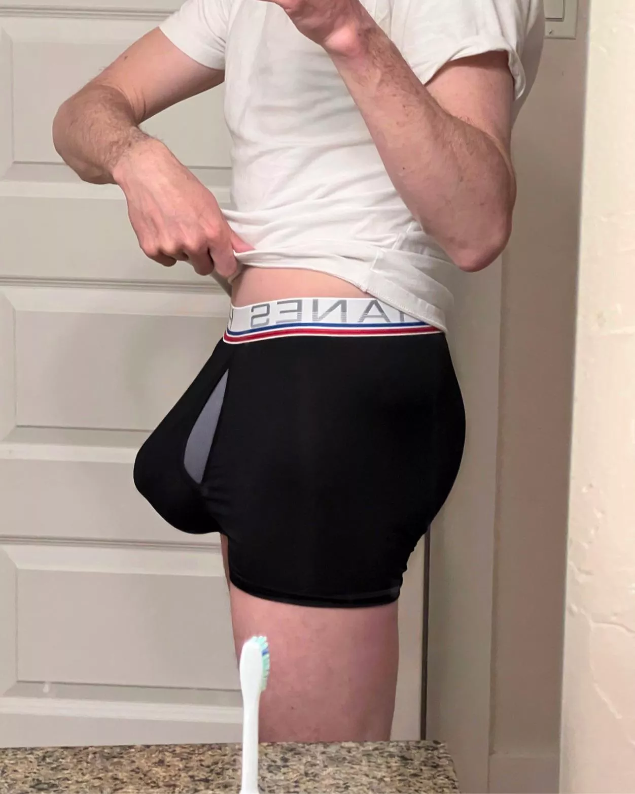 Stretching the Hanes Total Support Pouch to the limit with my pumped package.