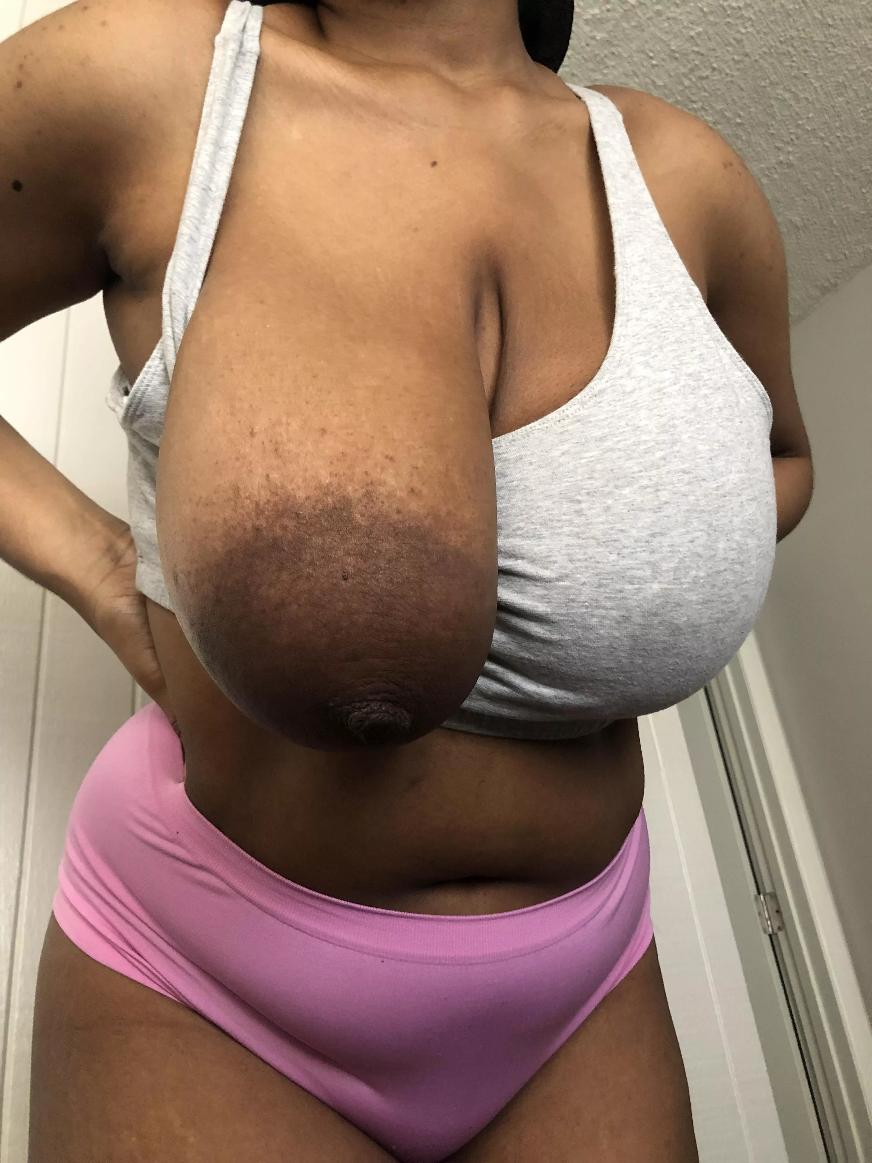 Surprise! How big are my areolas and hanging brown tits?