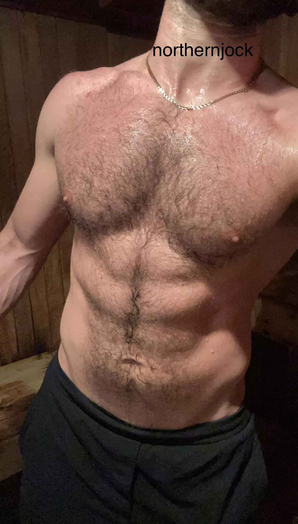 Sweaty and furry abs and chest