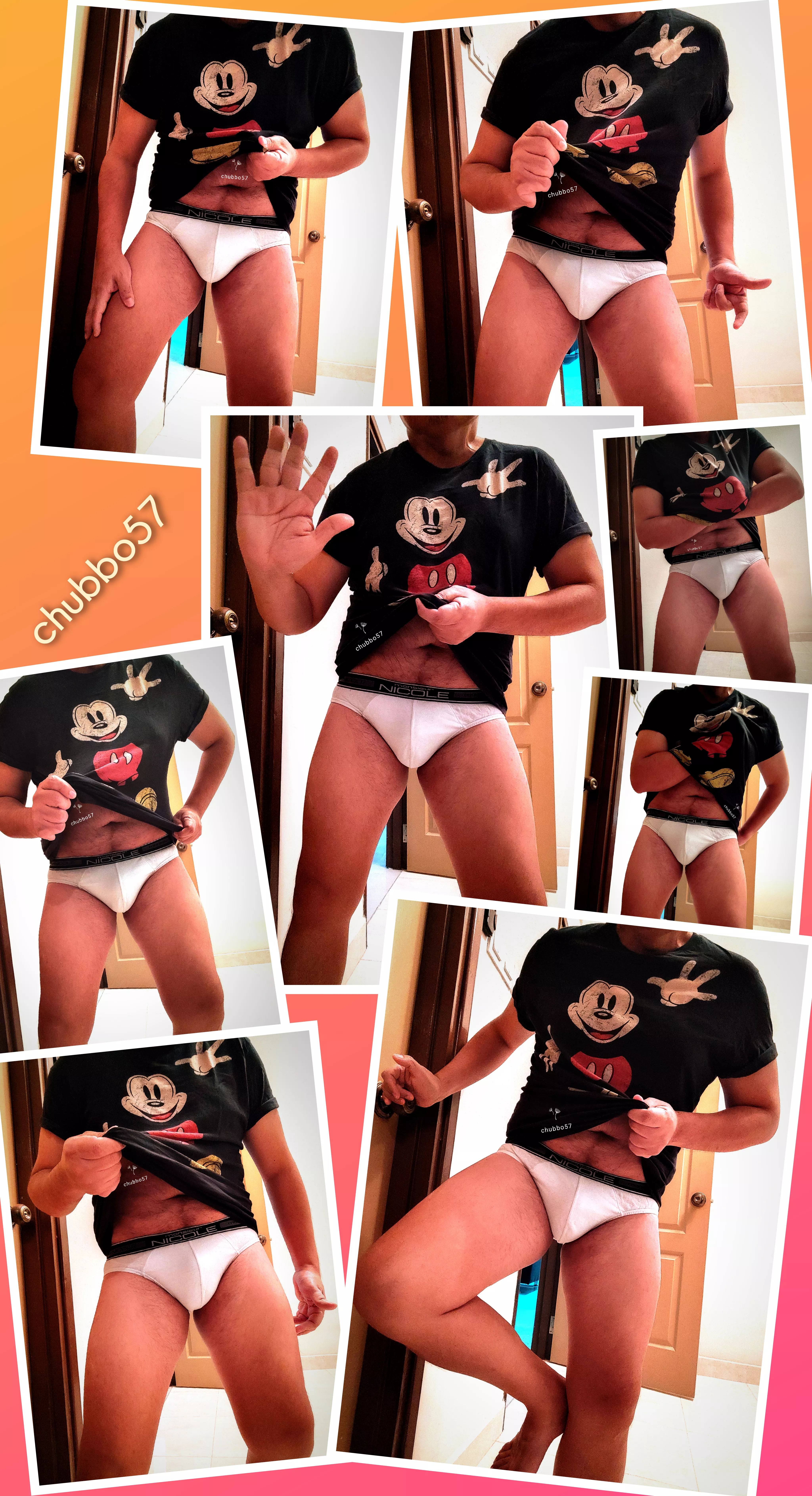 This is another Mickey Mouse tee that I own. Pairs well with my black band Nicole briefs. 🐭😘🐀😍🐁