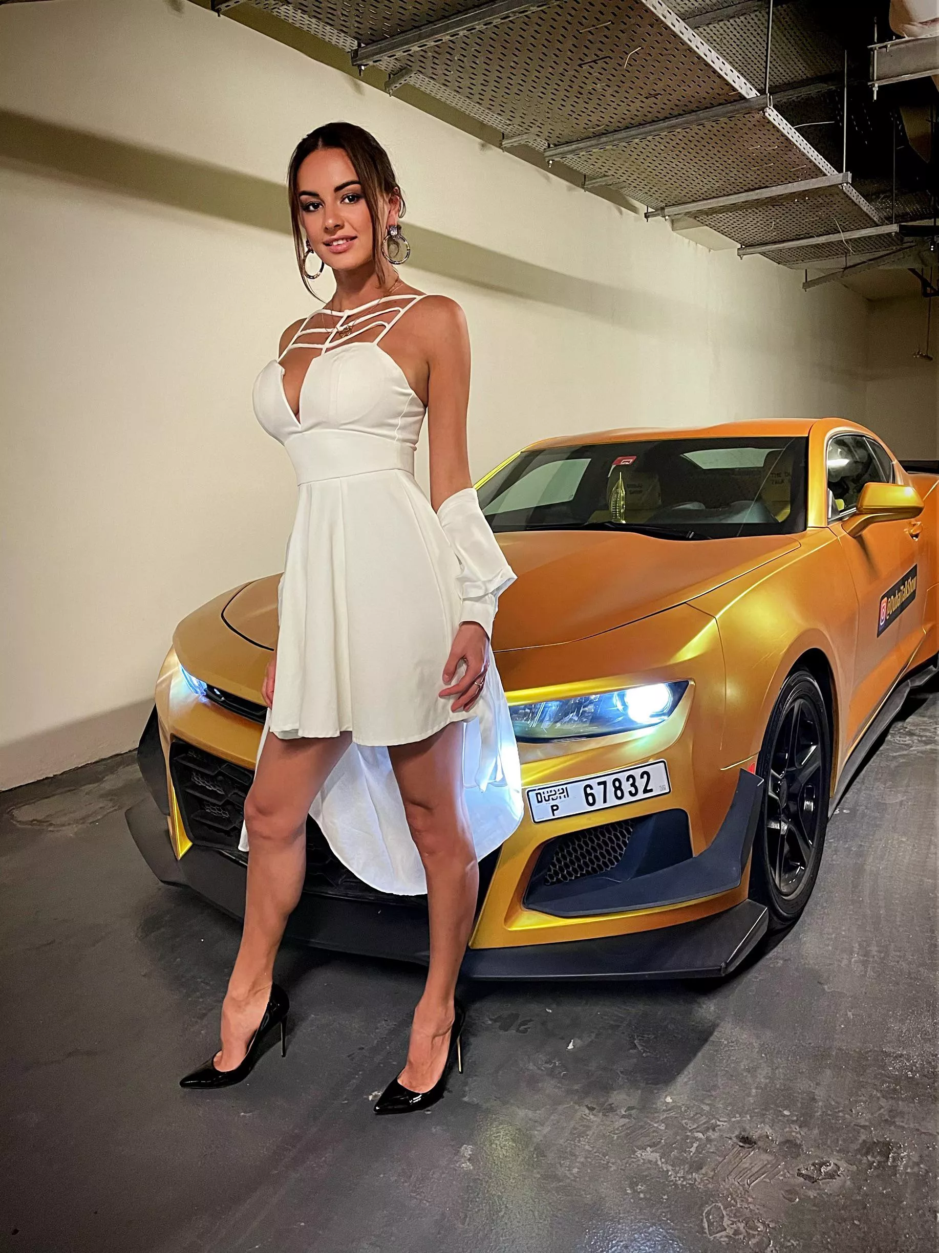 Time to night out in my sexy white dress and my golden car