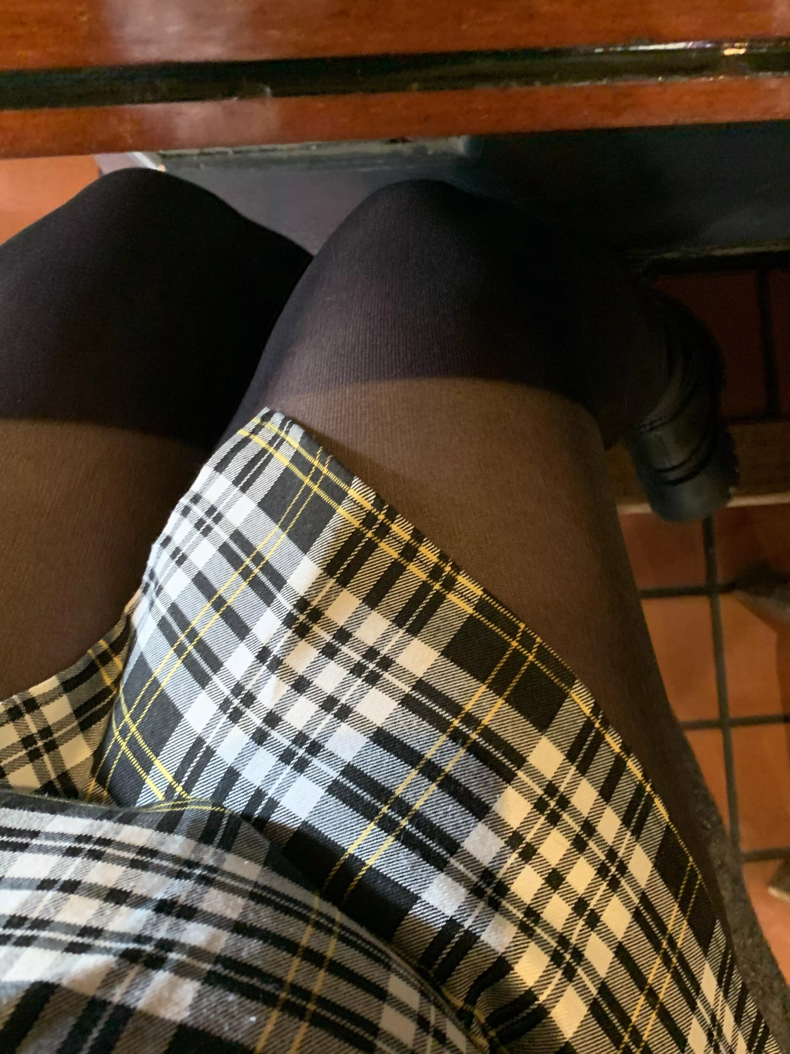 Todays outfit. Who loves a short skirt and black tights combo?