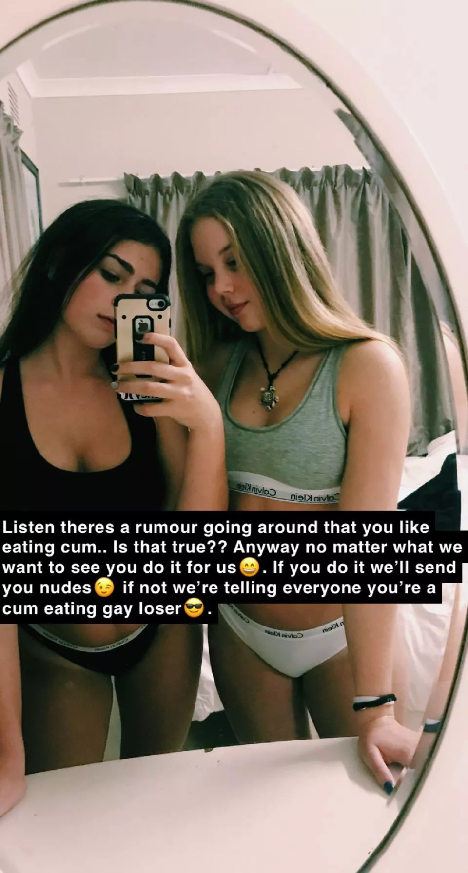 Two really hot girls from your school heard about your secret and now want to blackmail you for humiliation.