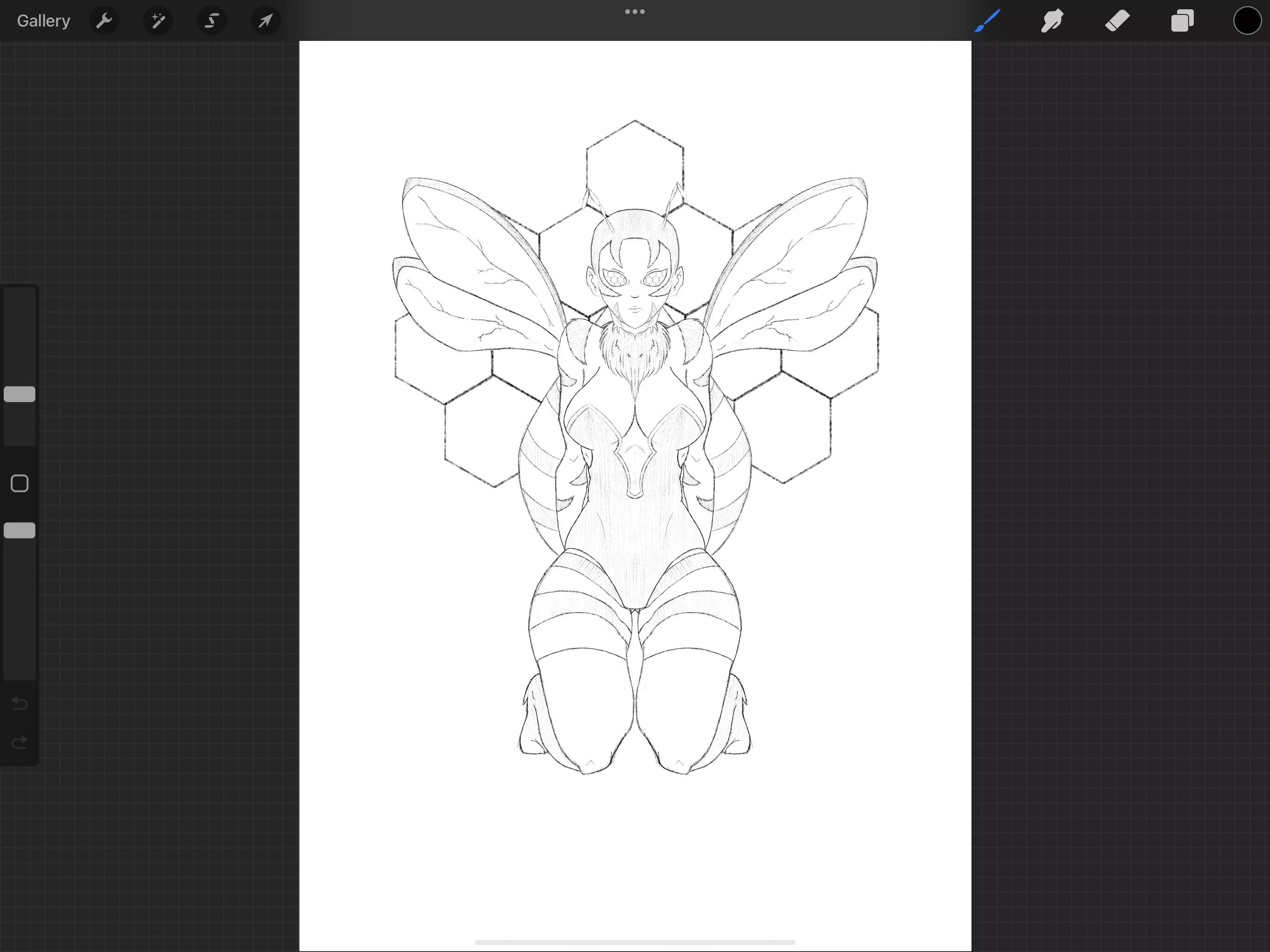 Update on the Bee Girl… I used the symmetry tool and fixed certain things, still feel I’m missing something more before starting the outline and coloring… if interested on owning her dm me 😁😁