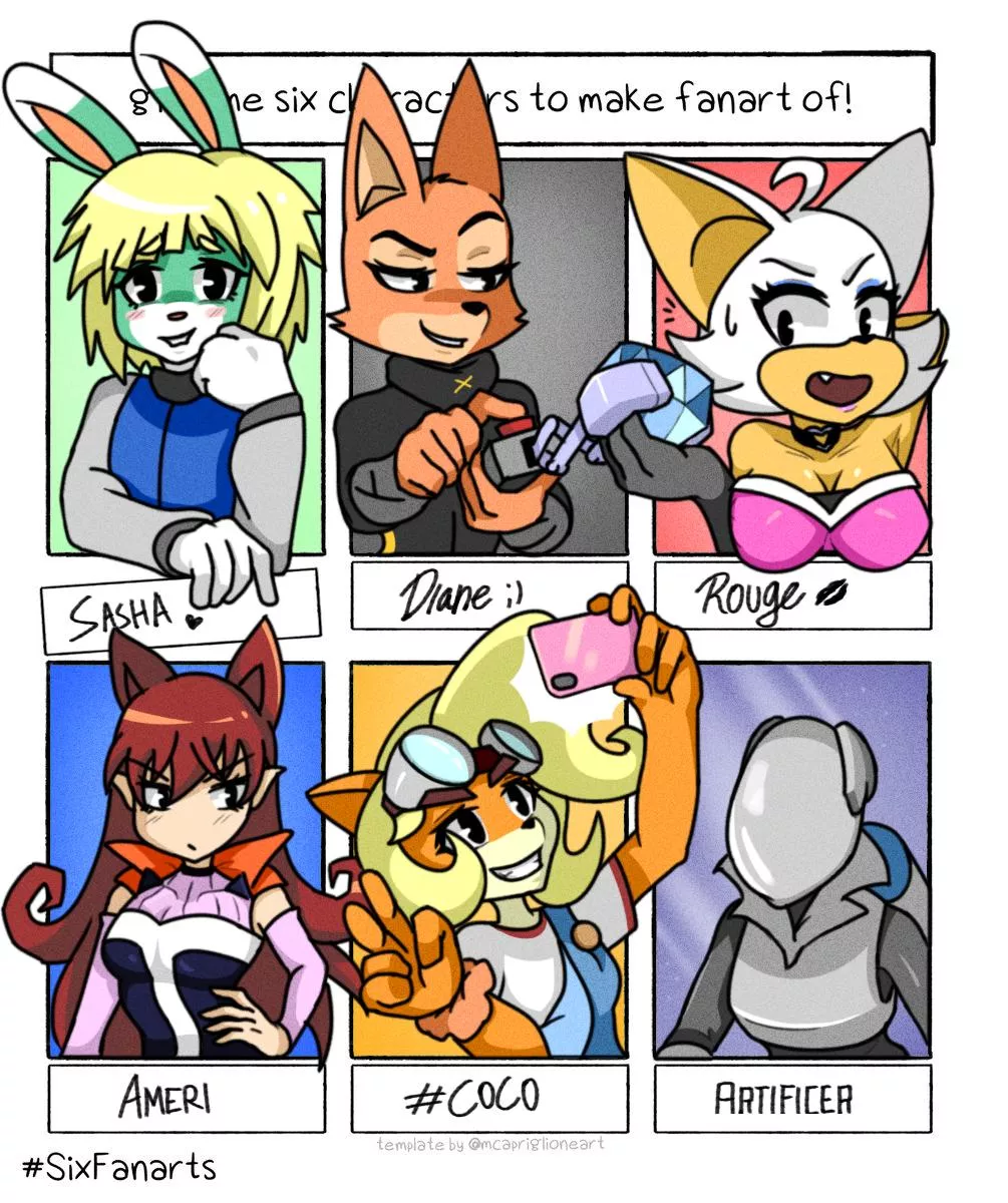 Various characters I drew for the SixFanarts challenge (art by me @angrycaboose)