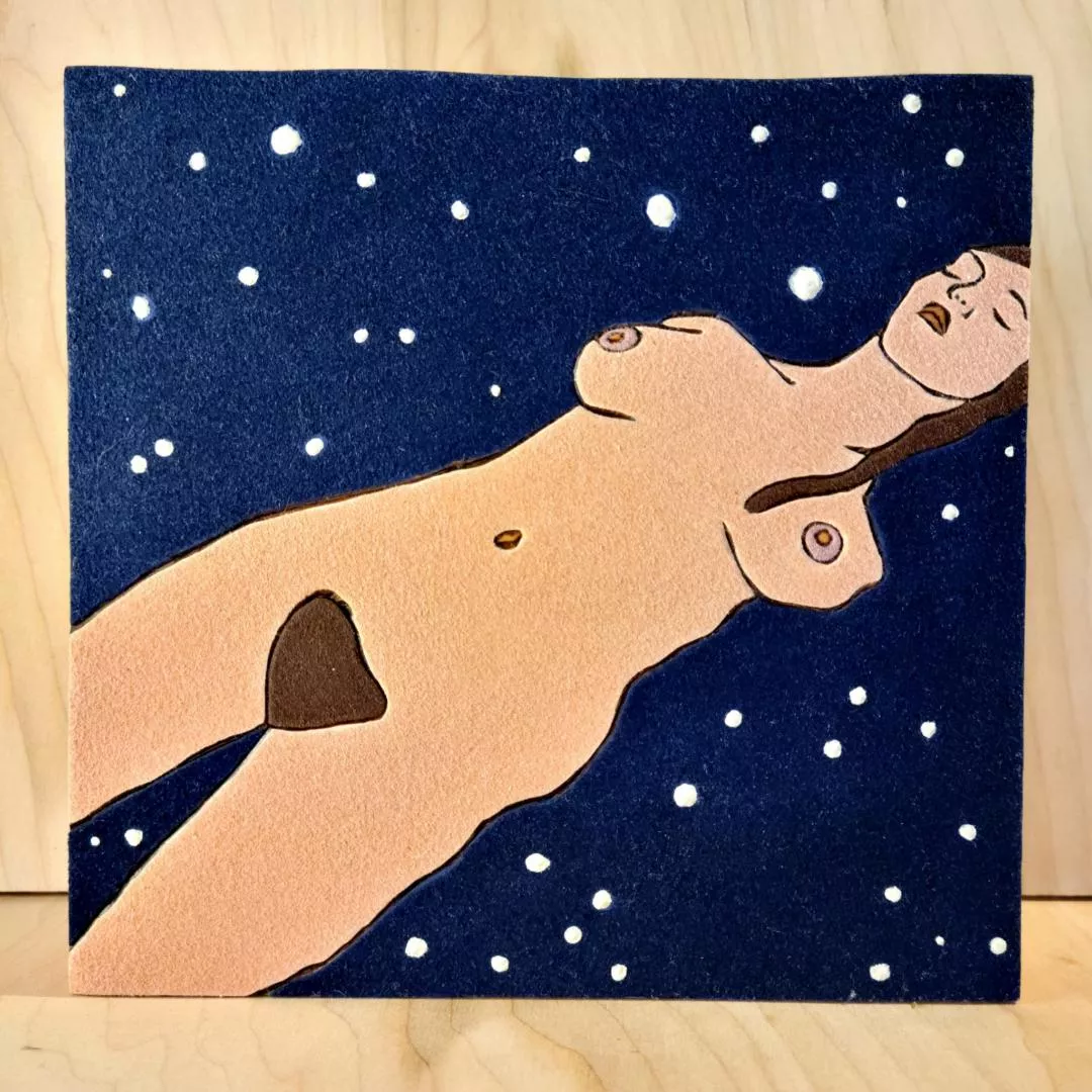 Venus falling into the fabric of cosmic consciousness. Woodburned, rayon flocked acrylic painting on reclaimed wood. 2022.