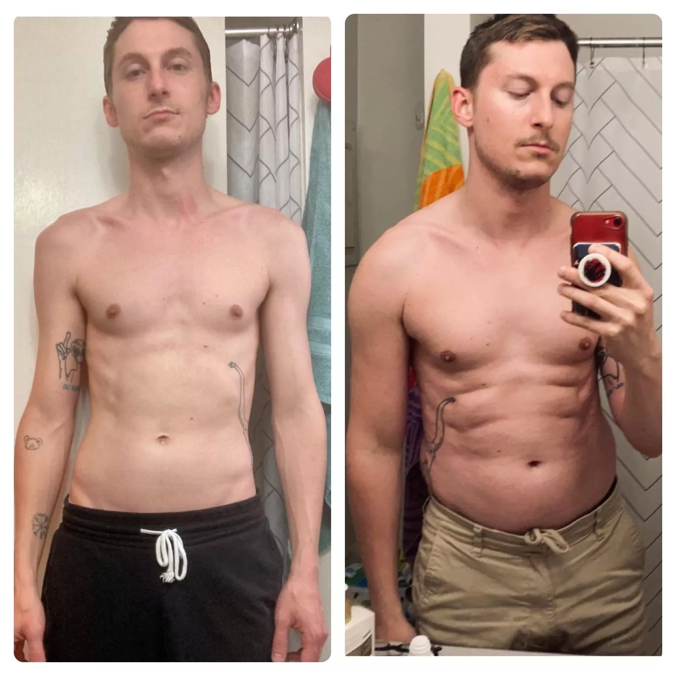 Was tired of being the scrawny friend, so I decided to do something about it. 40 lbs in a year–I know kinda dirty bulky–but liking how I look so far.