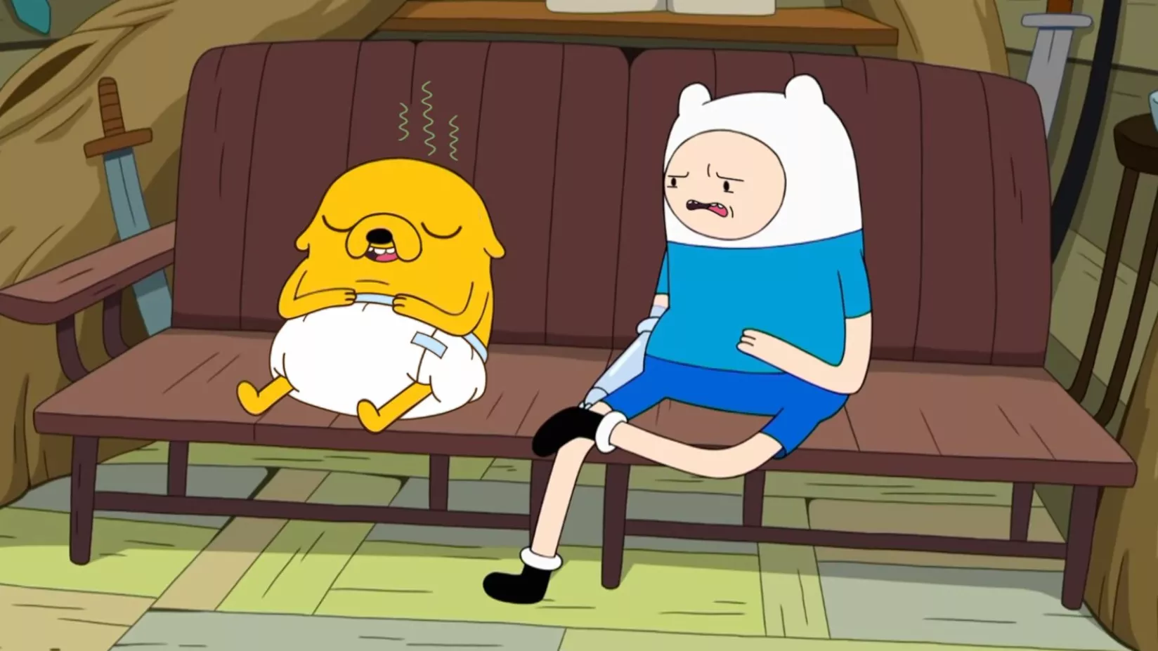 was watching Adventure Time with a load in my diaper when Jake decided to make a mess of his own xD