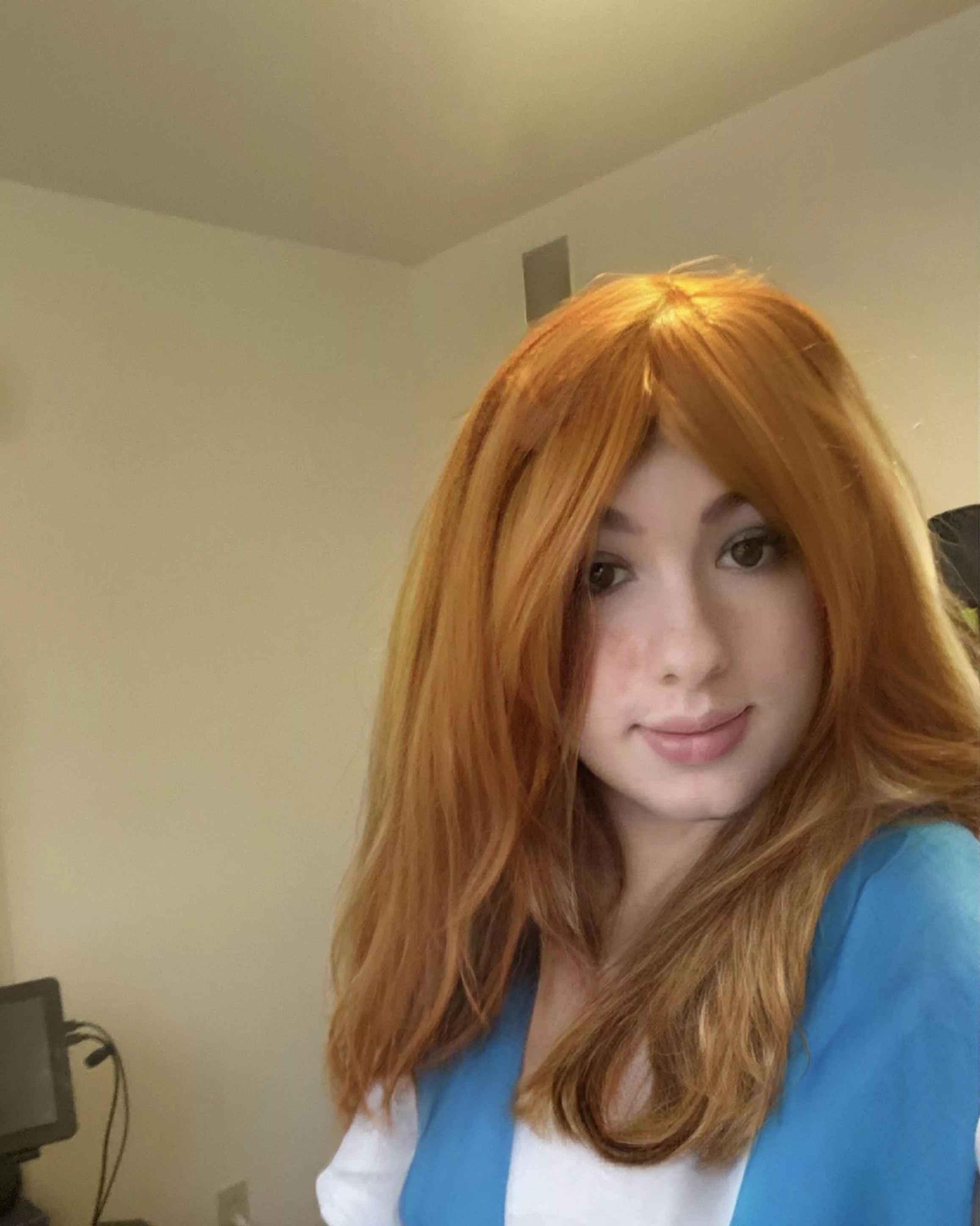 â€œWhat are you, stupid?!â€ My first femboy cosplay, Asuka Langley Soryu! First time trying to style a wig>.<