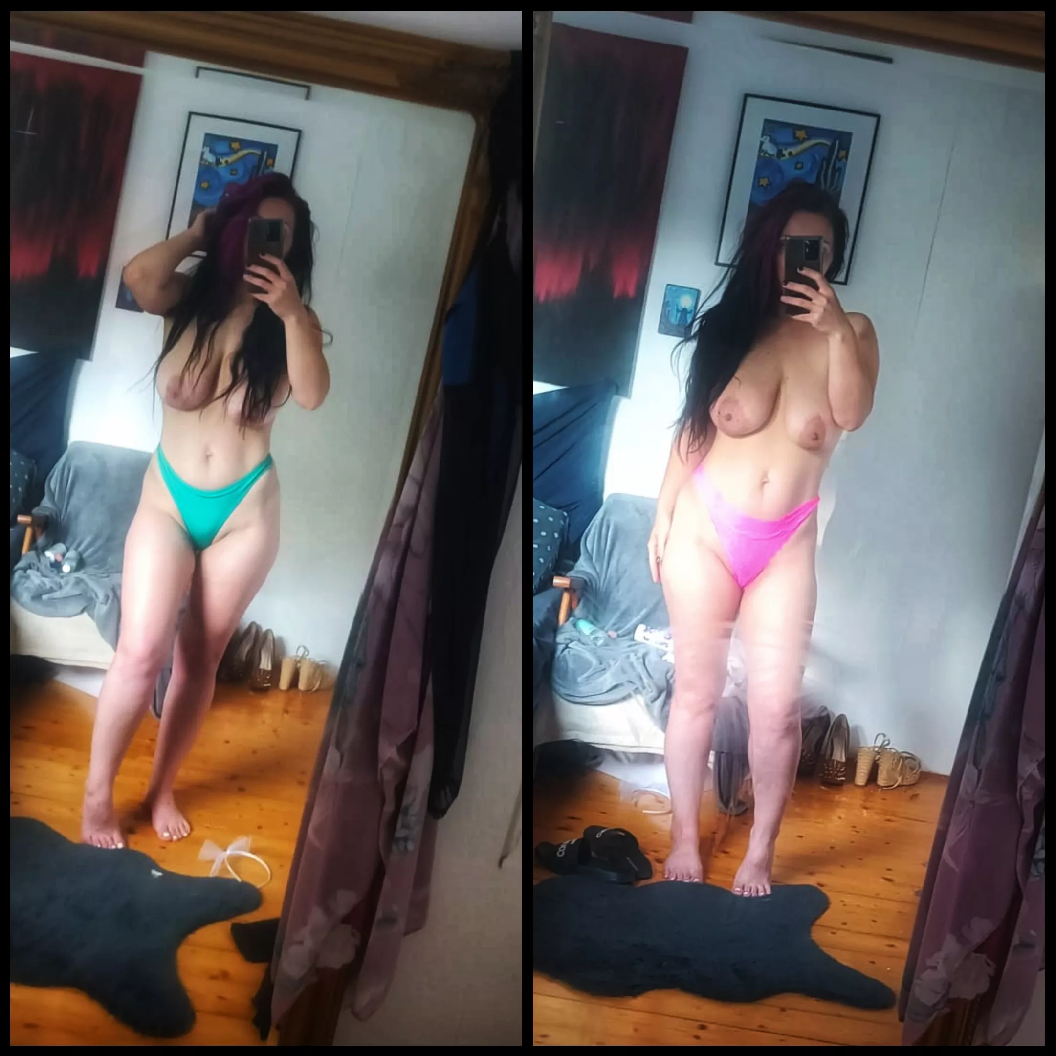 Which one looks better on me, green or pink?