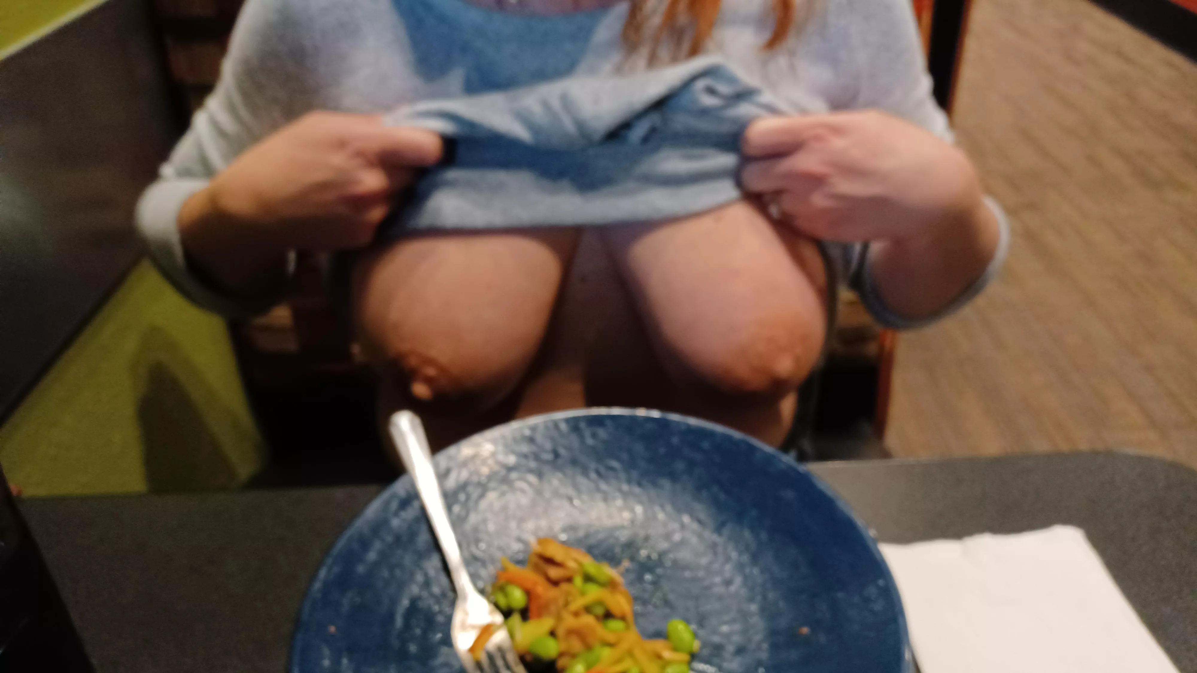 Whipping out my tits at the restaurant last weekend.