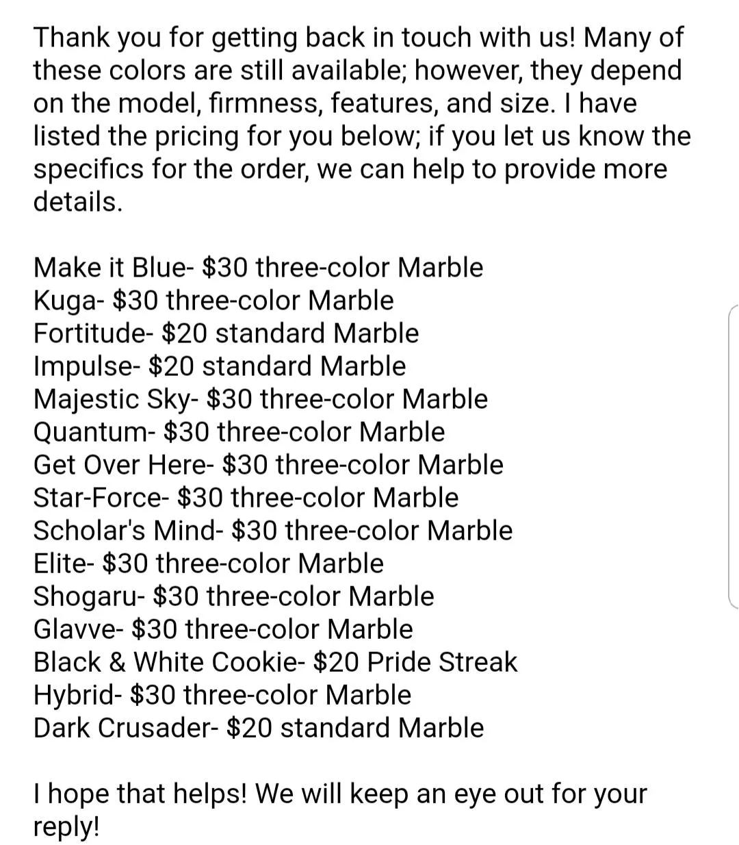 With customs likely dropping next Friday, got confirmation from CS this morning that these past colorations are still available and their prices! For all you newbies out there!