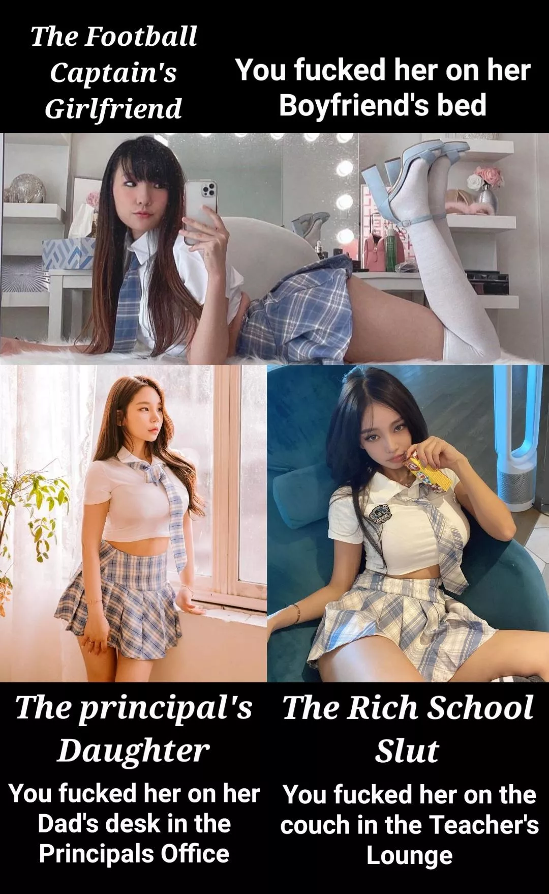 You reminisce the three best fucks you had throughout this school year. Who was the most fun?