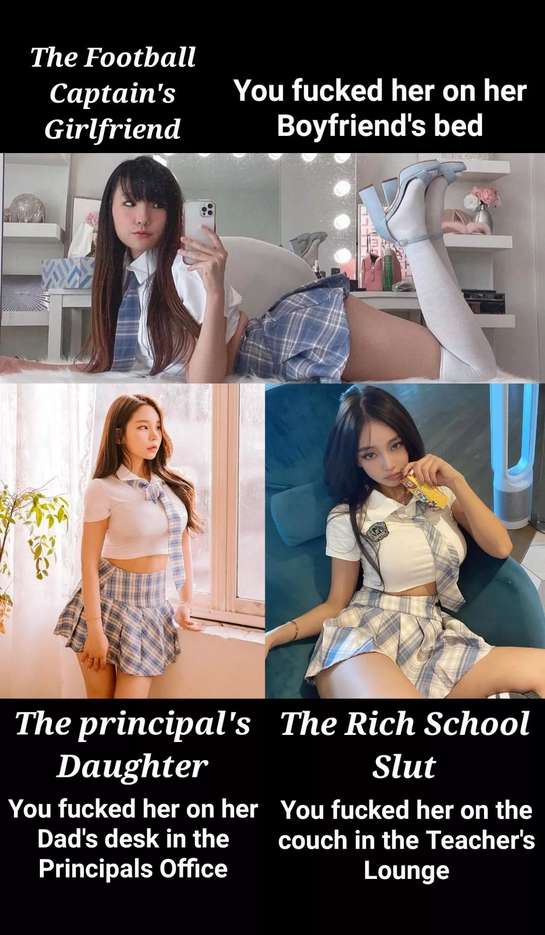 You reminisce the three best fucks you had throughout this school year. Who was the most fun?