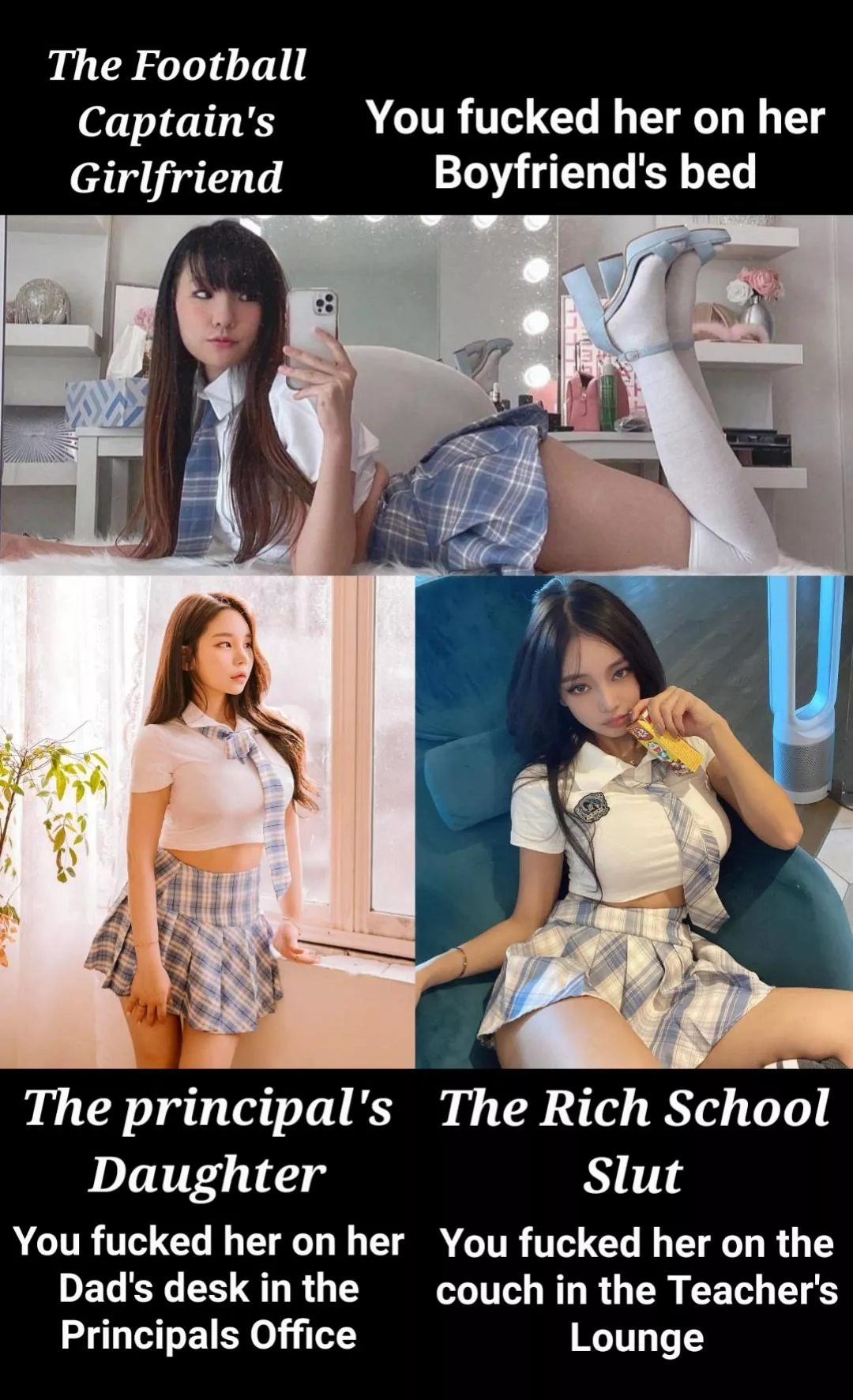 You reminisce the three best fucks you had throughout this school year. Who was the most fun?