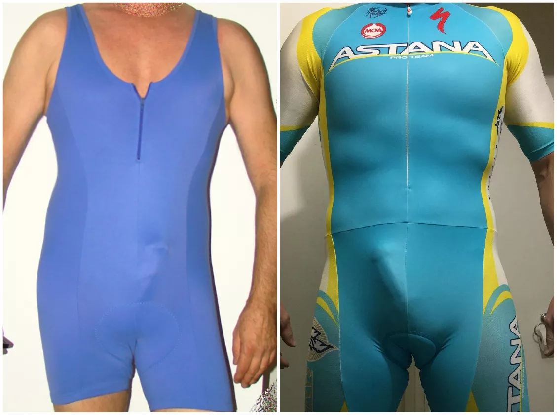 2 guys in cycling suits with bulges