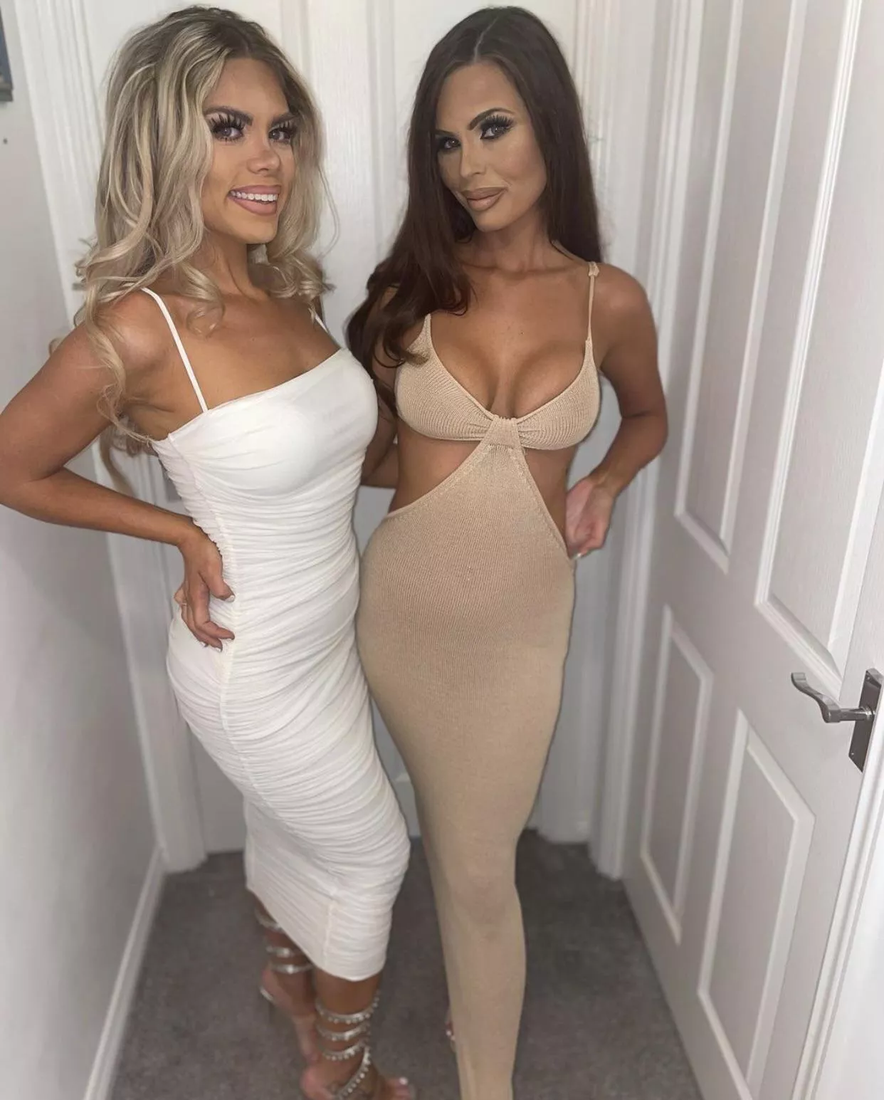 [2] White dress, tan dress