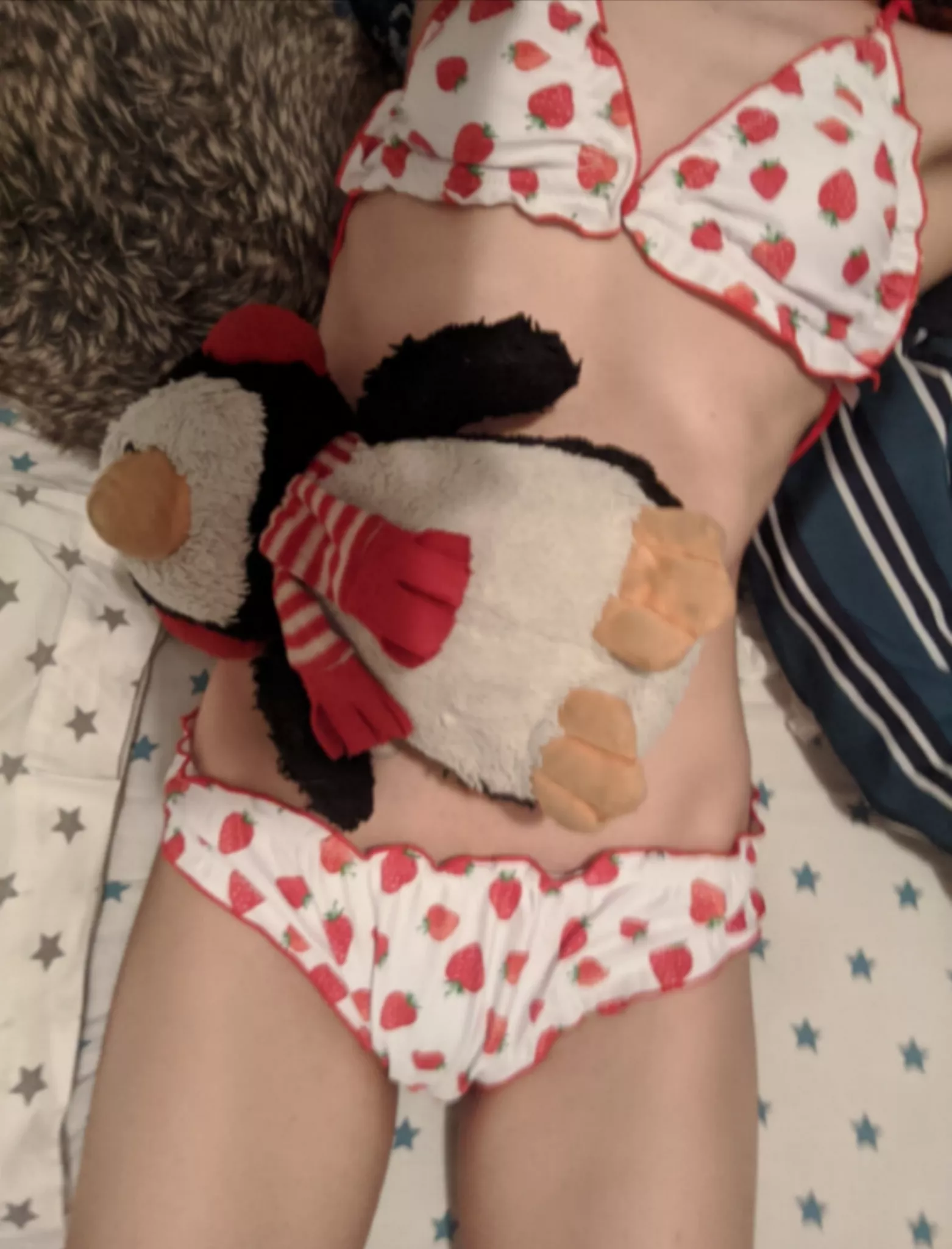 21F ignore the penguin dog toy, was nearby and I wanted to hide the birth control patch on my tummy