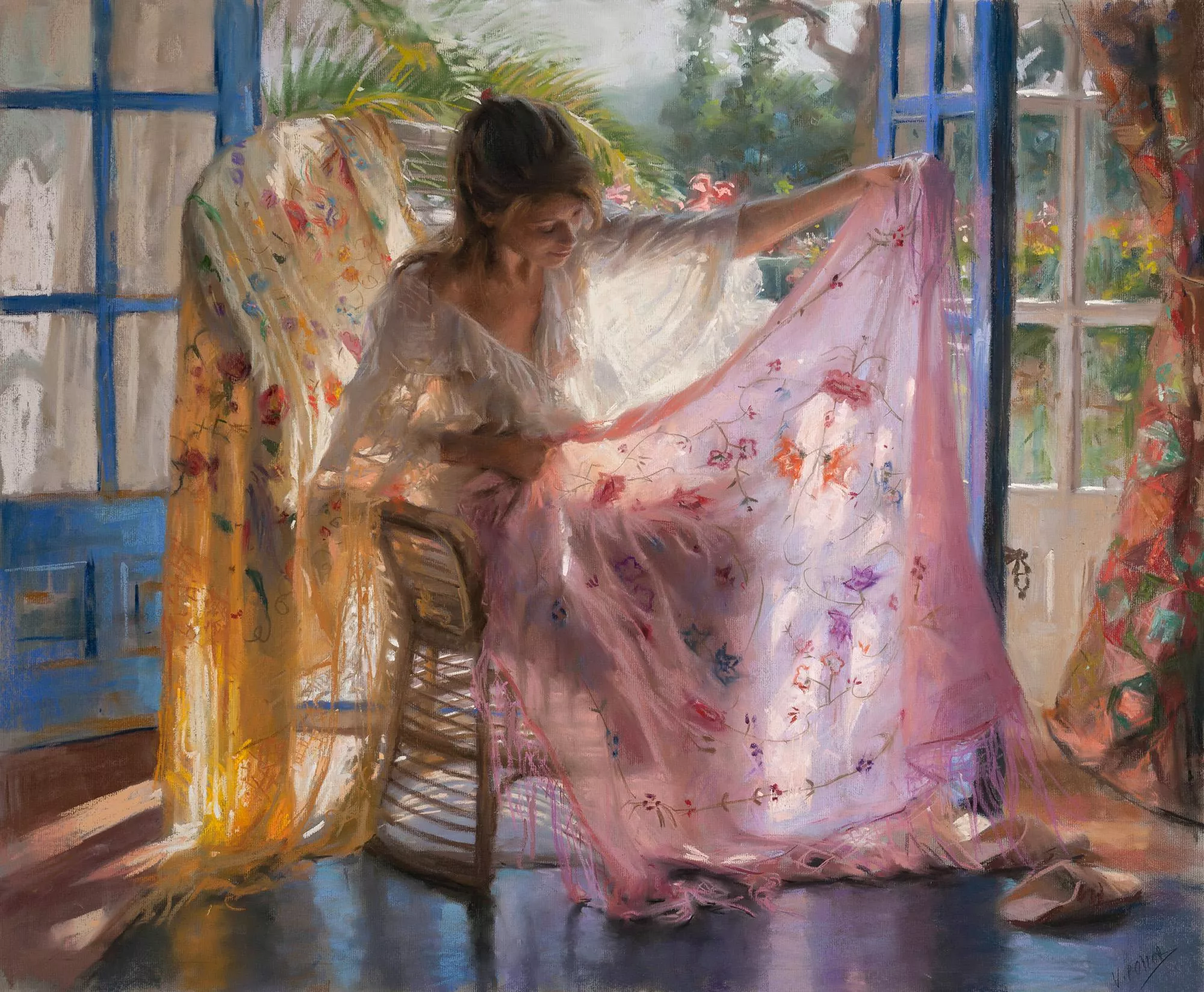 A beautiful painting with many translucent fabrics. It has been drawn by Vicente Romero Redondo