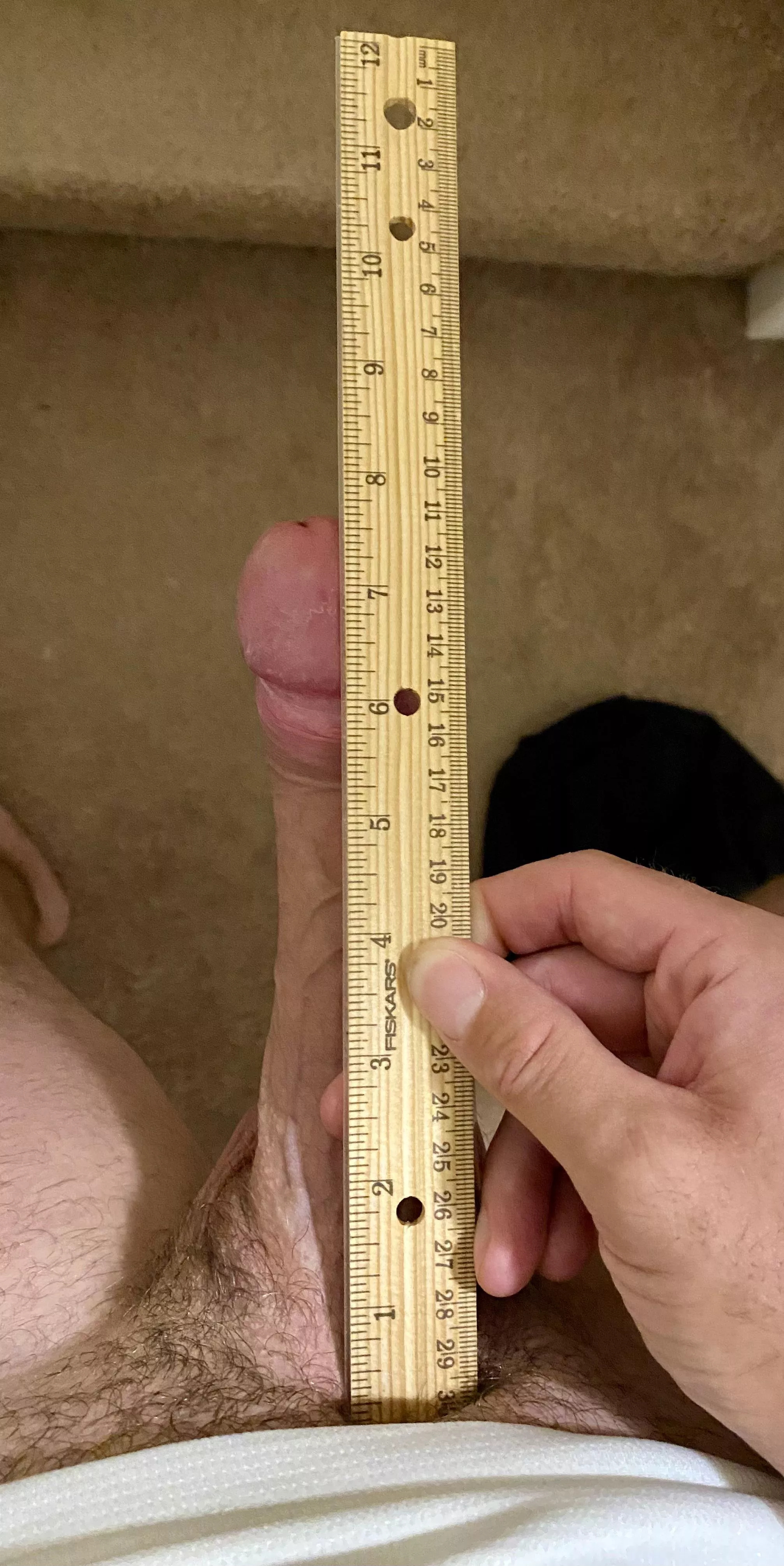 A couple dashes over 7 and a half inches. Added one dash thatâ€™s missing at beginning of ruler. So 7.7 inchâ€™s, bone to tip ðŸ†. 5.7â€ girth at base and 5.3 in middle.