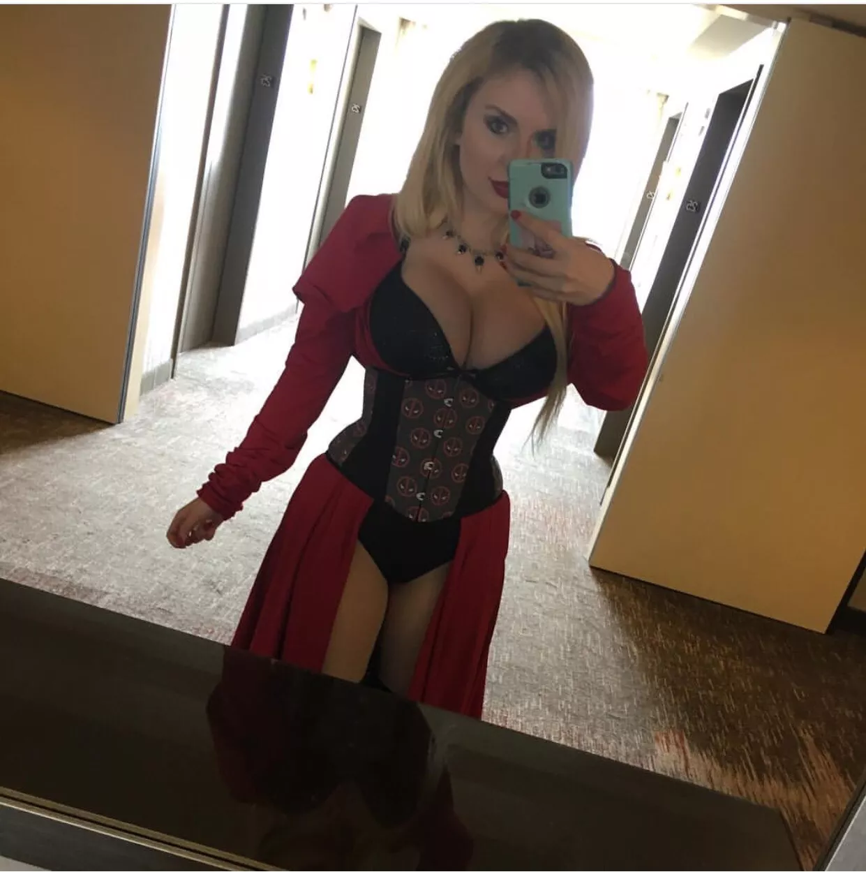 A sexy Deadpool-themed red and black outfit