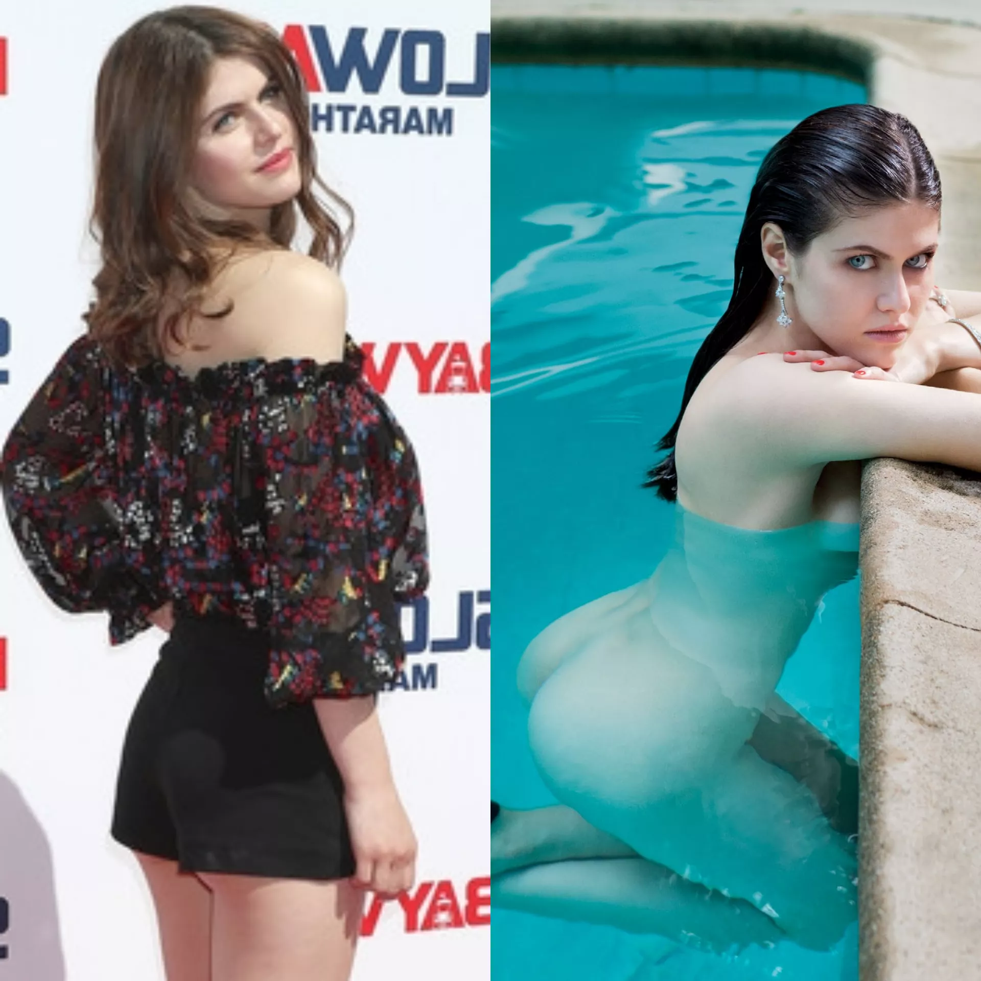 Alexandra Daddario on the red carpet, off in the pool