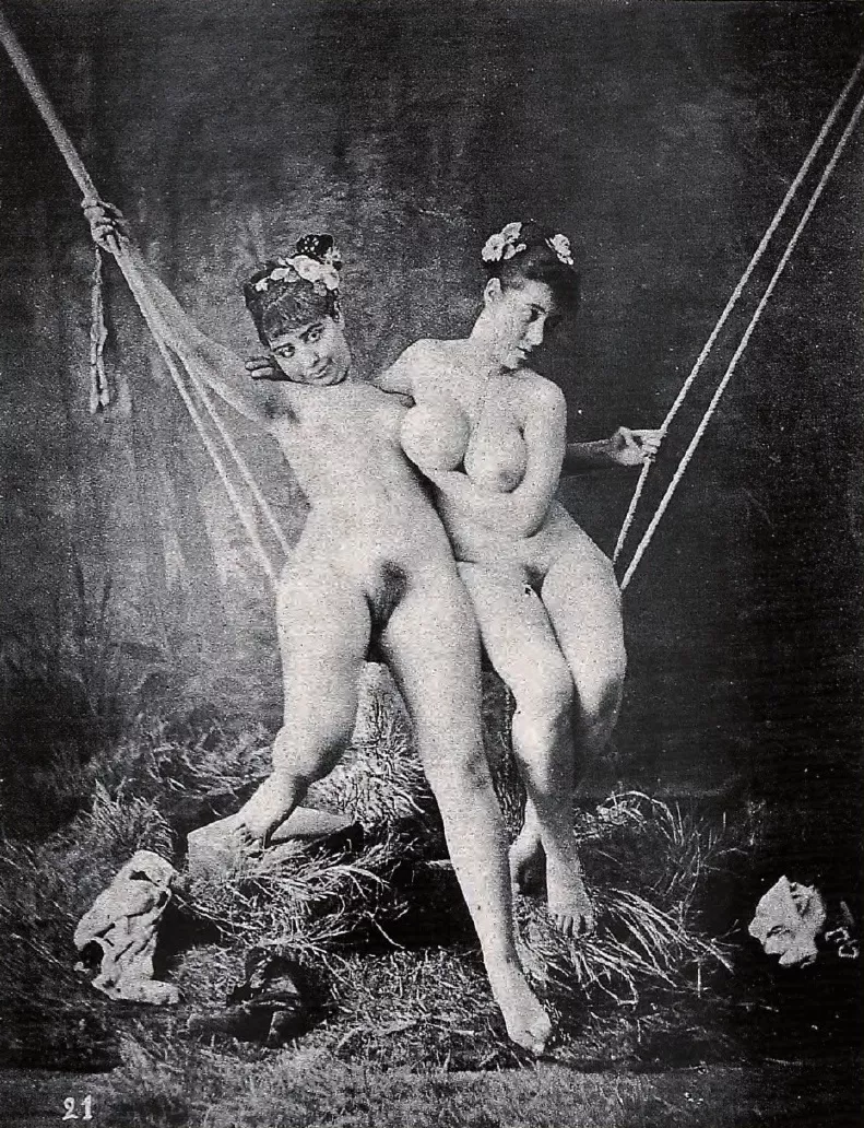 Anonymous nude women on a swing, ca. 1885