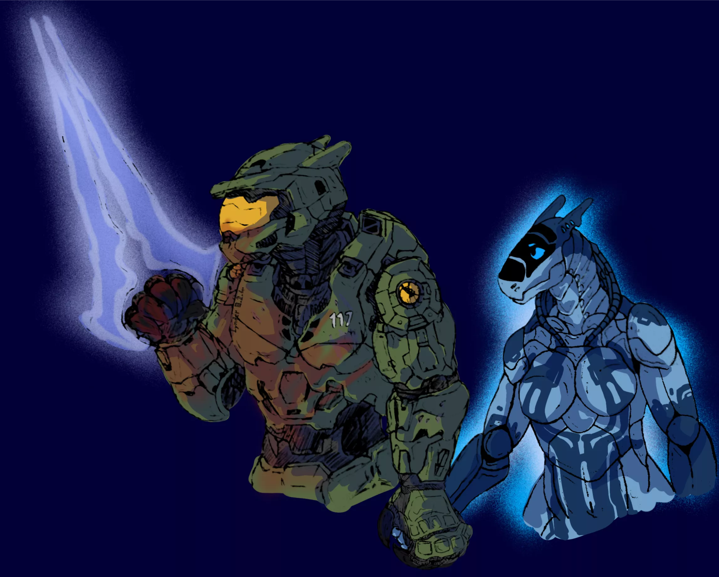 Another drawing of protogen Master Chief and synth Cortana I drew a couple of months ago.