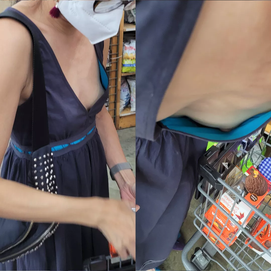 At the grocery store and my wife's dress gave good downblouse views as she loaded up the cart for a nipple view on Aisle 3 to anyone lucky enough to be looking at the hot Asian woman stocking up on cookies