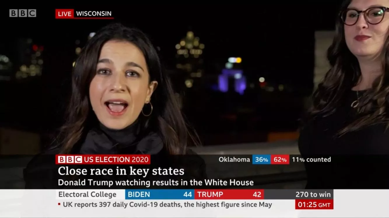 BBC News anchor (left) and her guest (right) post-interview