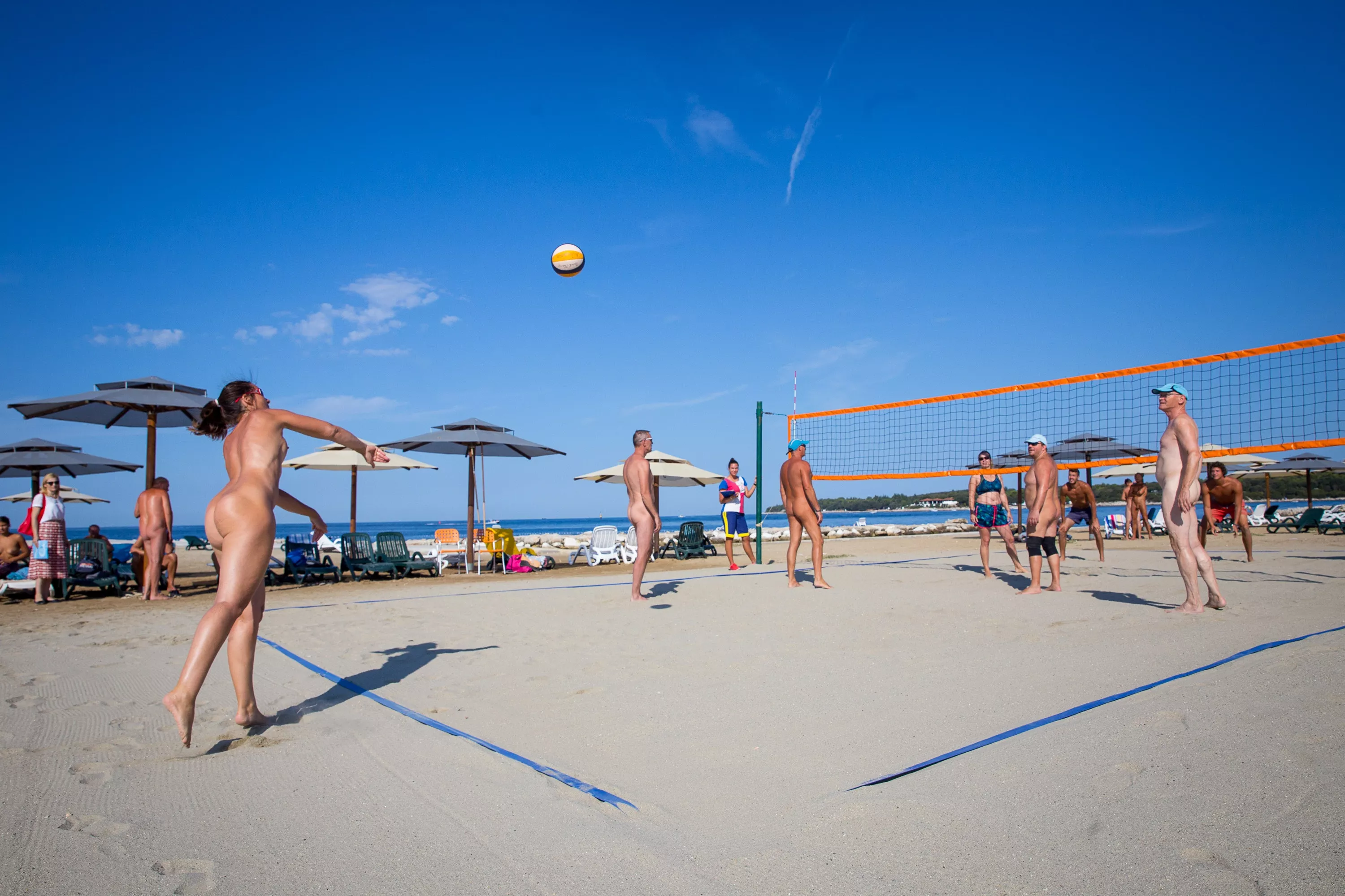 Beach volleyball at Valalta Naturist Camp, Rovinj, Croatia