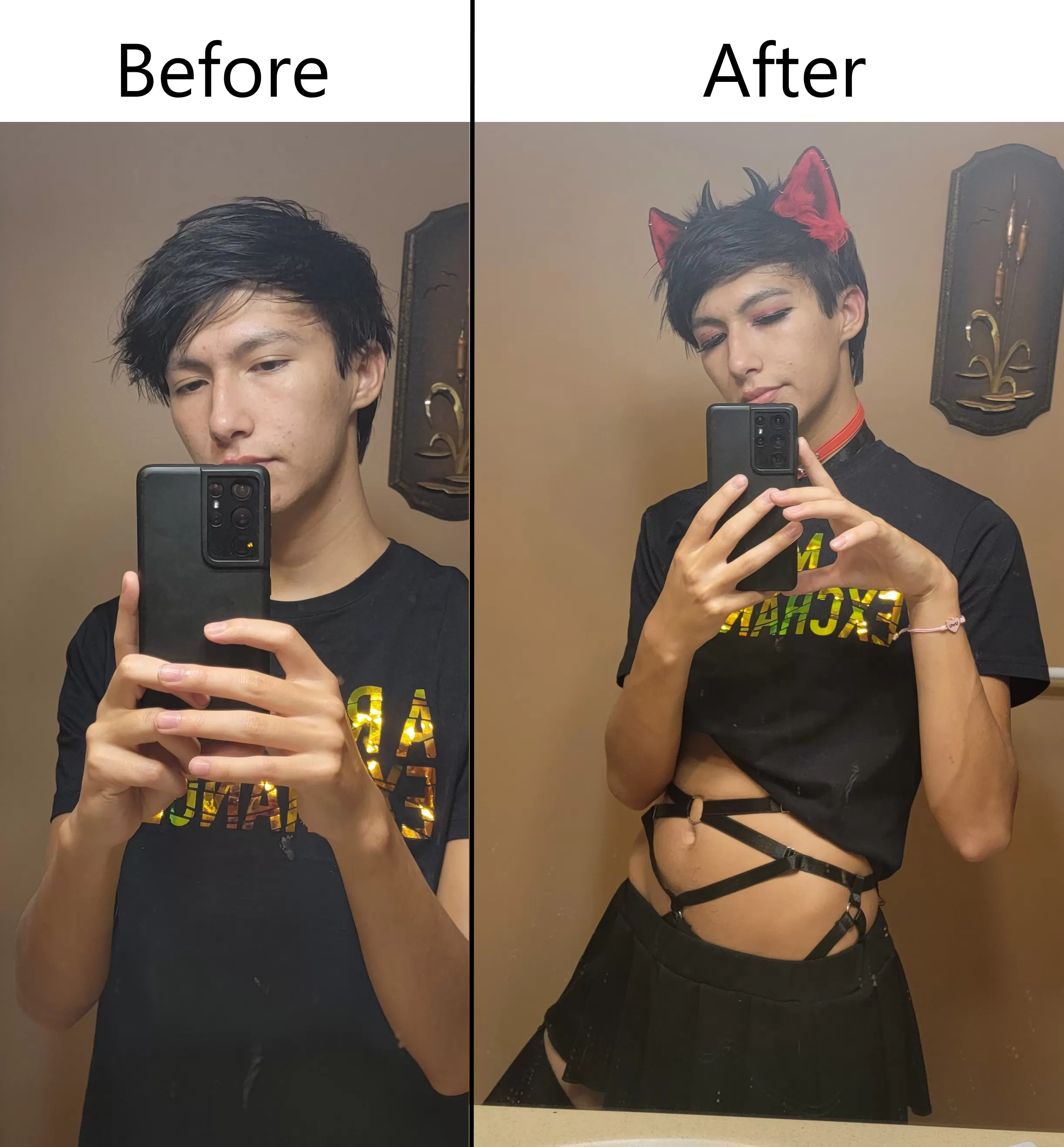 Before and after makeup and femboy clothes :3