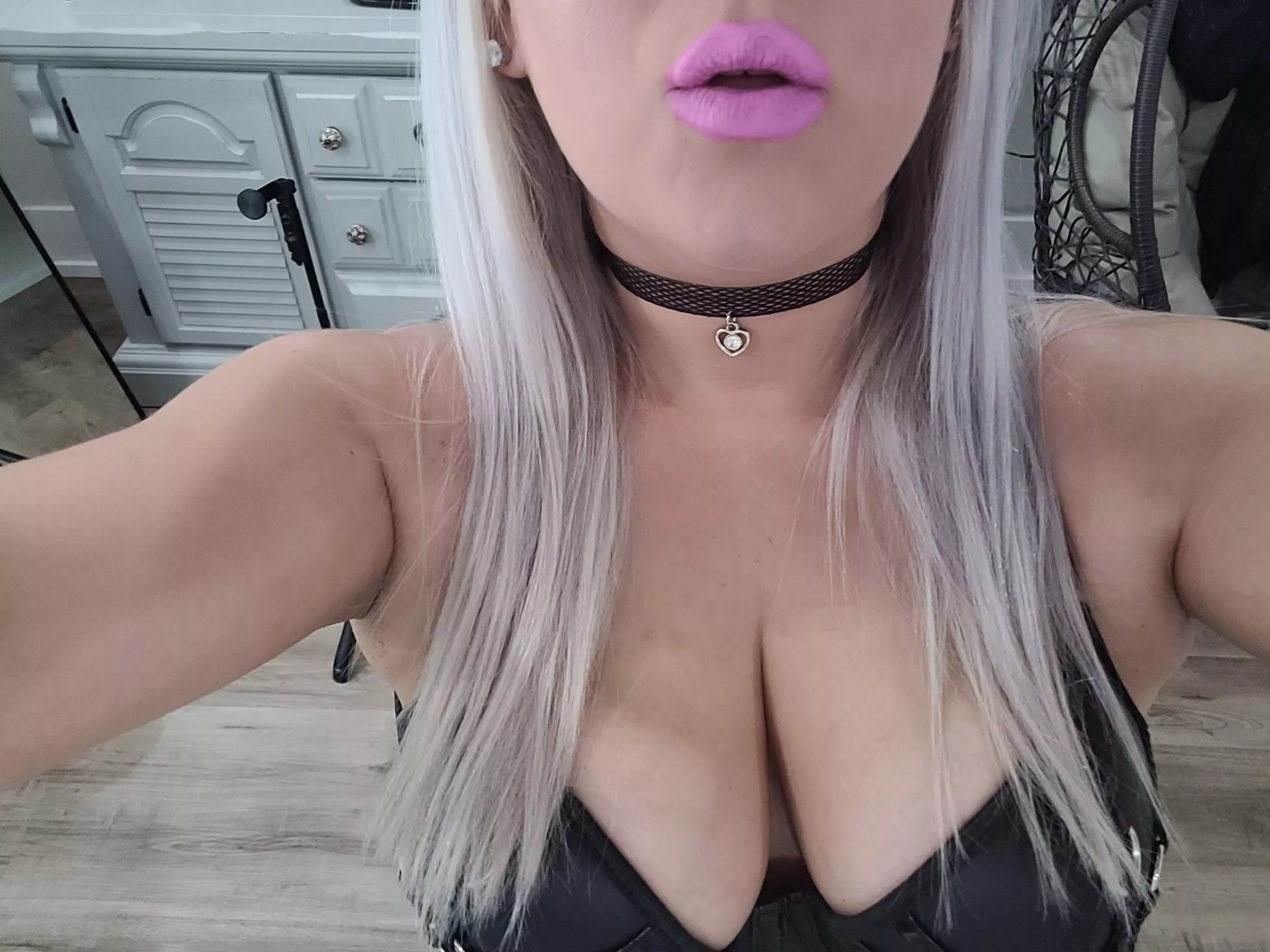 Black leather corset with bimbo pink lips! [OC]