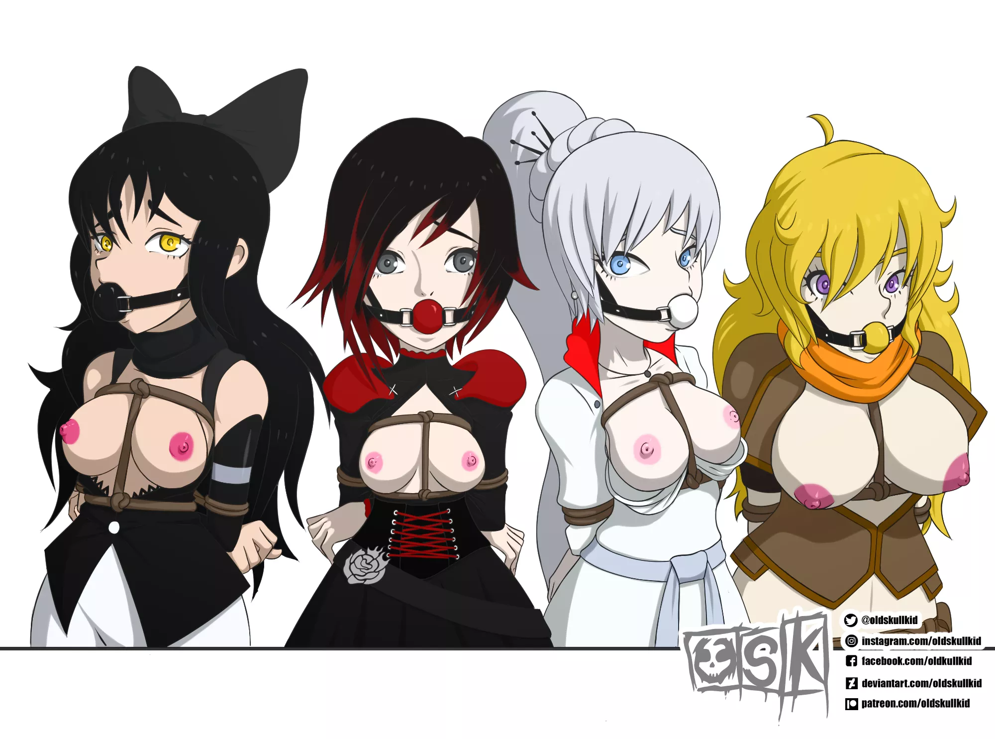 Blake, Ruby, Weiss, and Yang all tied up and gagged (oldskullkid)[RWBY]