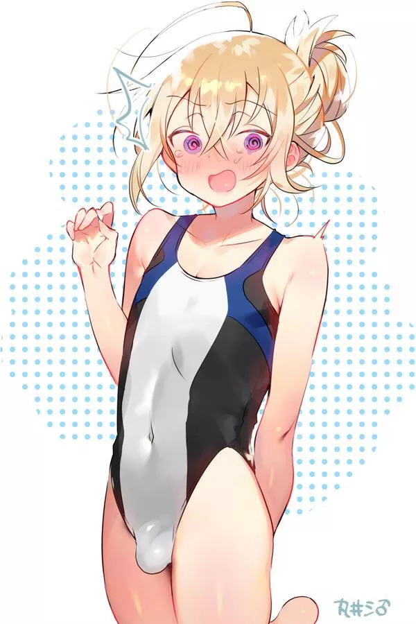 Blushing boi in a swimsuit