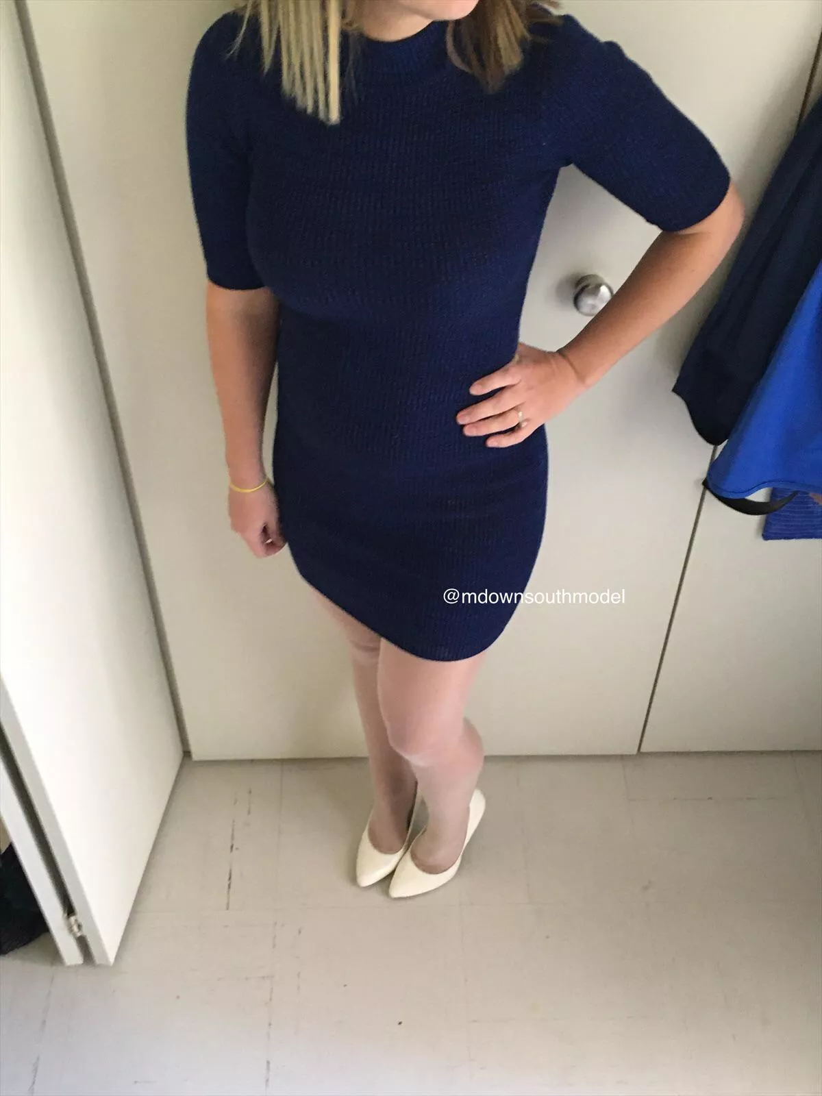 Bodycon sweater dress matched with white hose; can we please make white hose a thing again?!